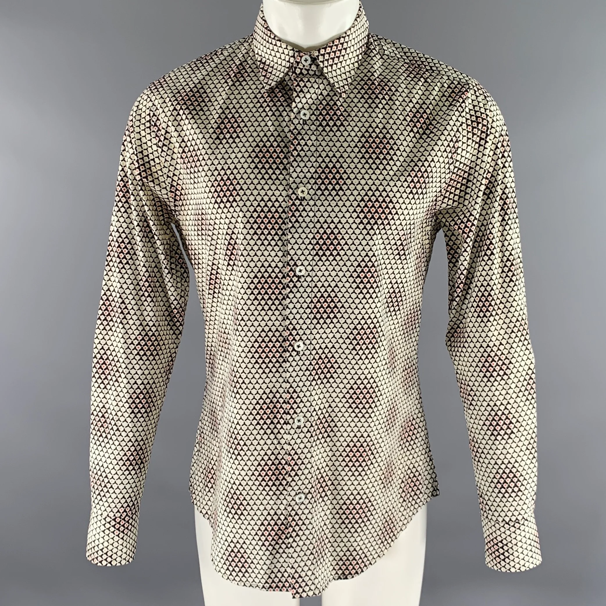 MR TURK Size M White Black Red Geometric Cotton Blend Long Sleeve Shirt