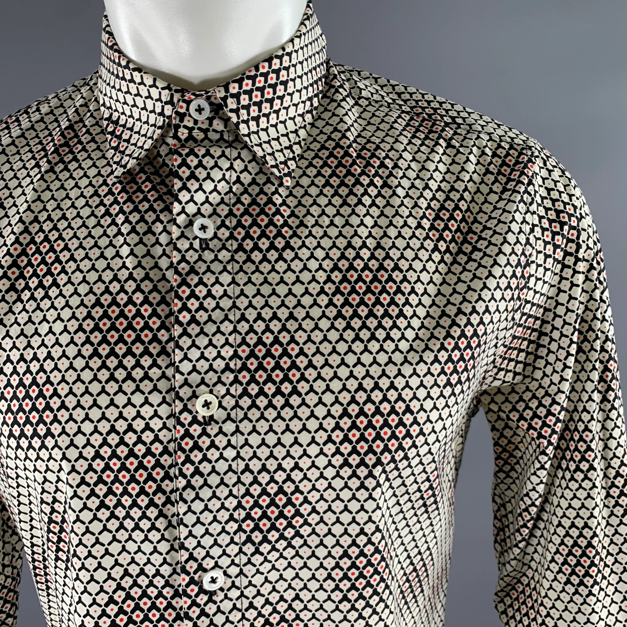 MR TURK Size M White Black Red Geometric Cotton Blend Long Sleeve Shirt - Image 2
