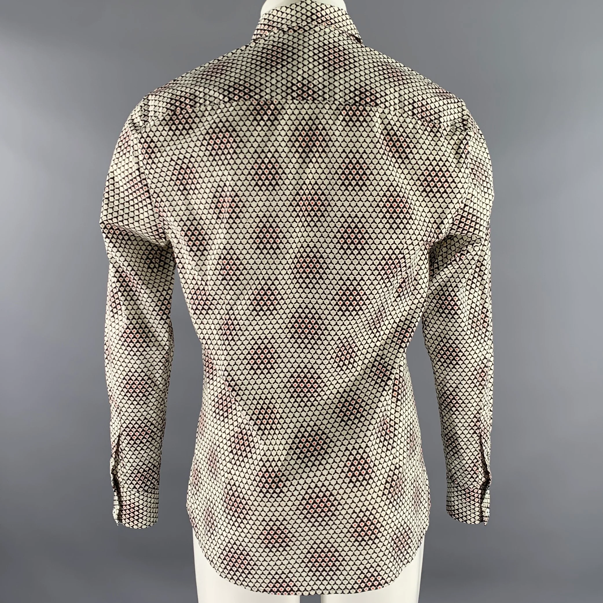 MR TURK Size M White Black Red Geometric Cotton Blend Long Sleeve Shirt - Image 4