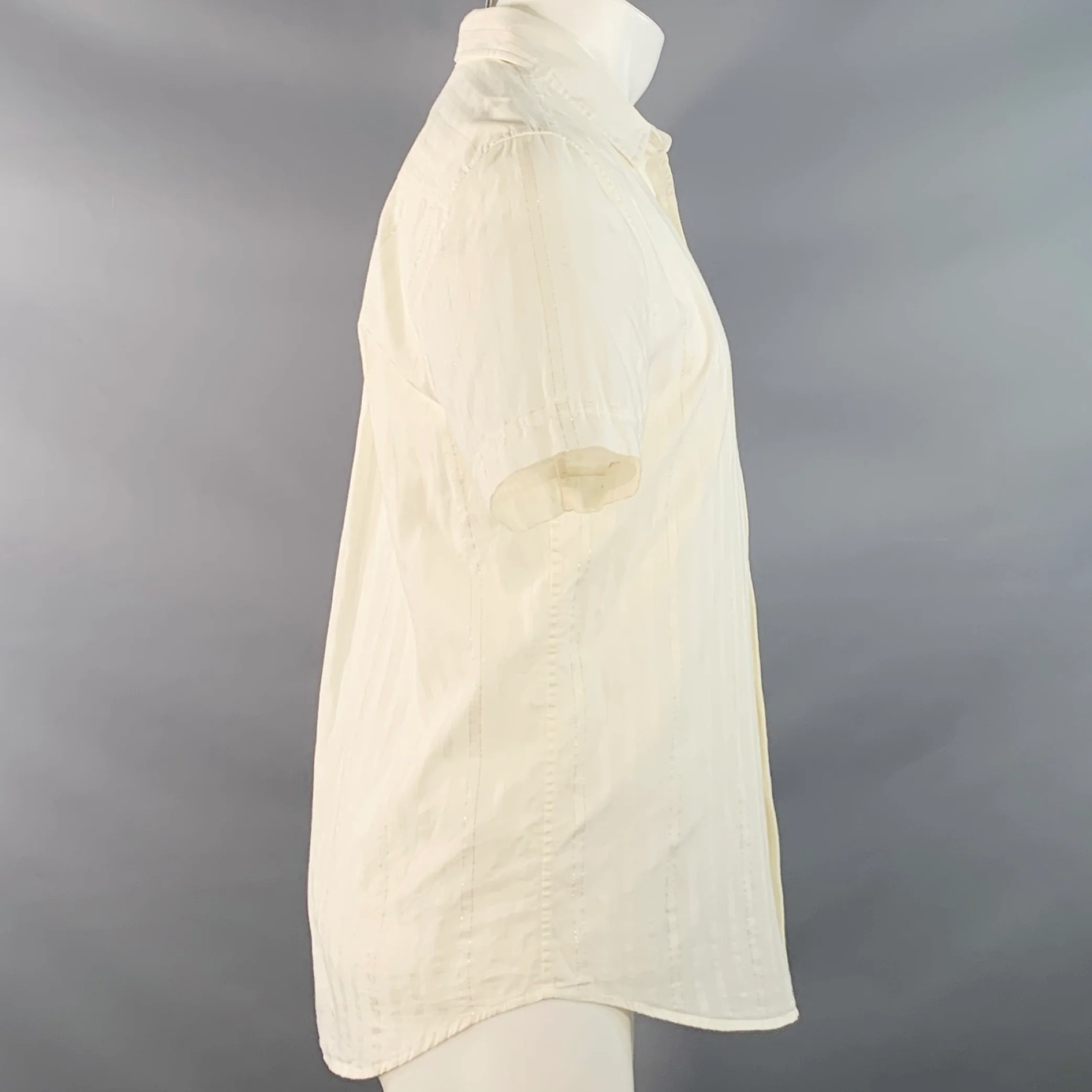MR TURK Size S Ivory Metallic Gold Stripe Cotton Button Down Short Sleeve Shirt - Image 3
