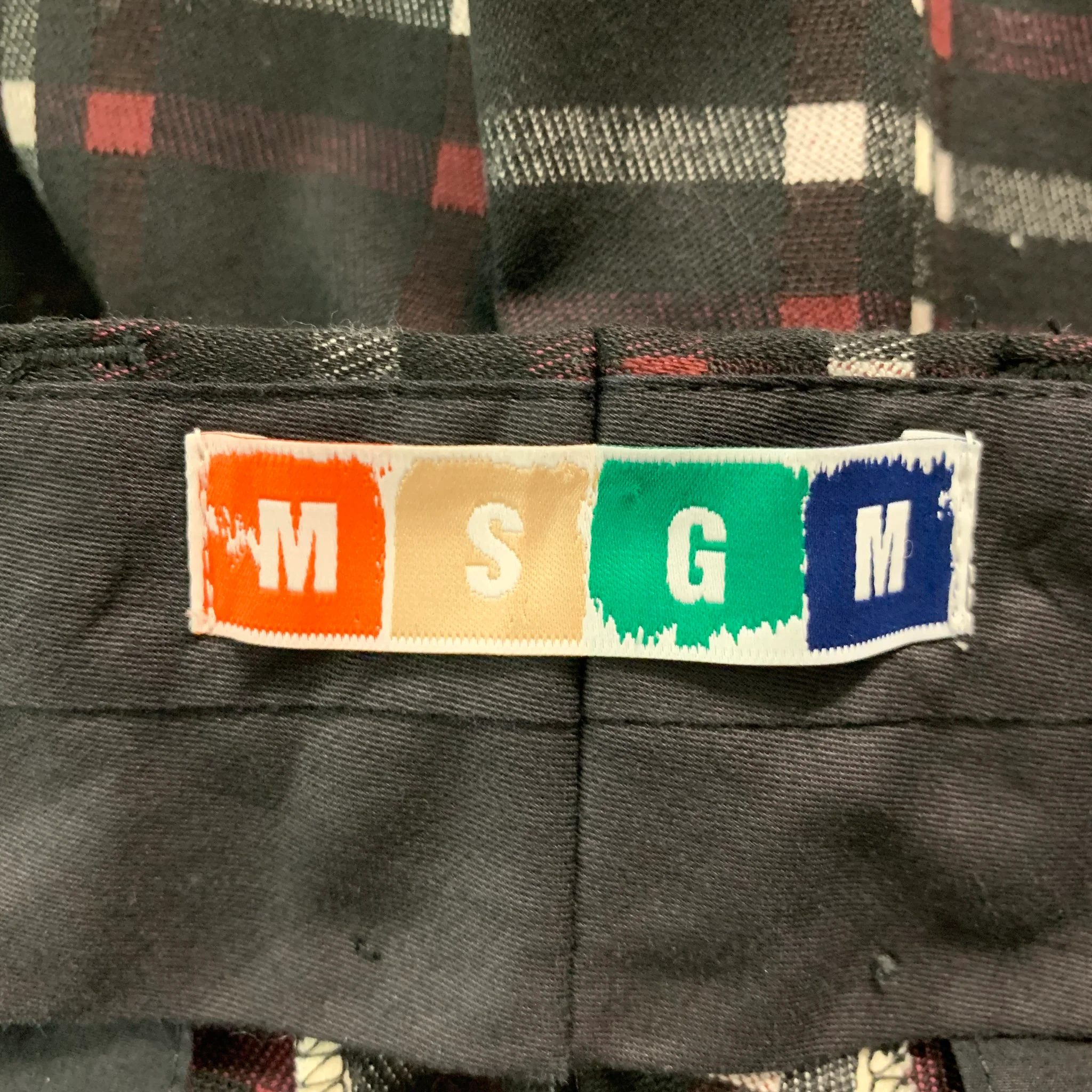 MSGM Size 36 Black Burgundy White Plaid Wool Blend Zip Fly Dress Pants - Image 3