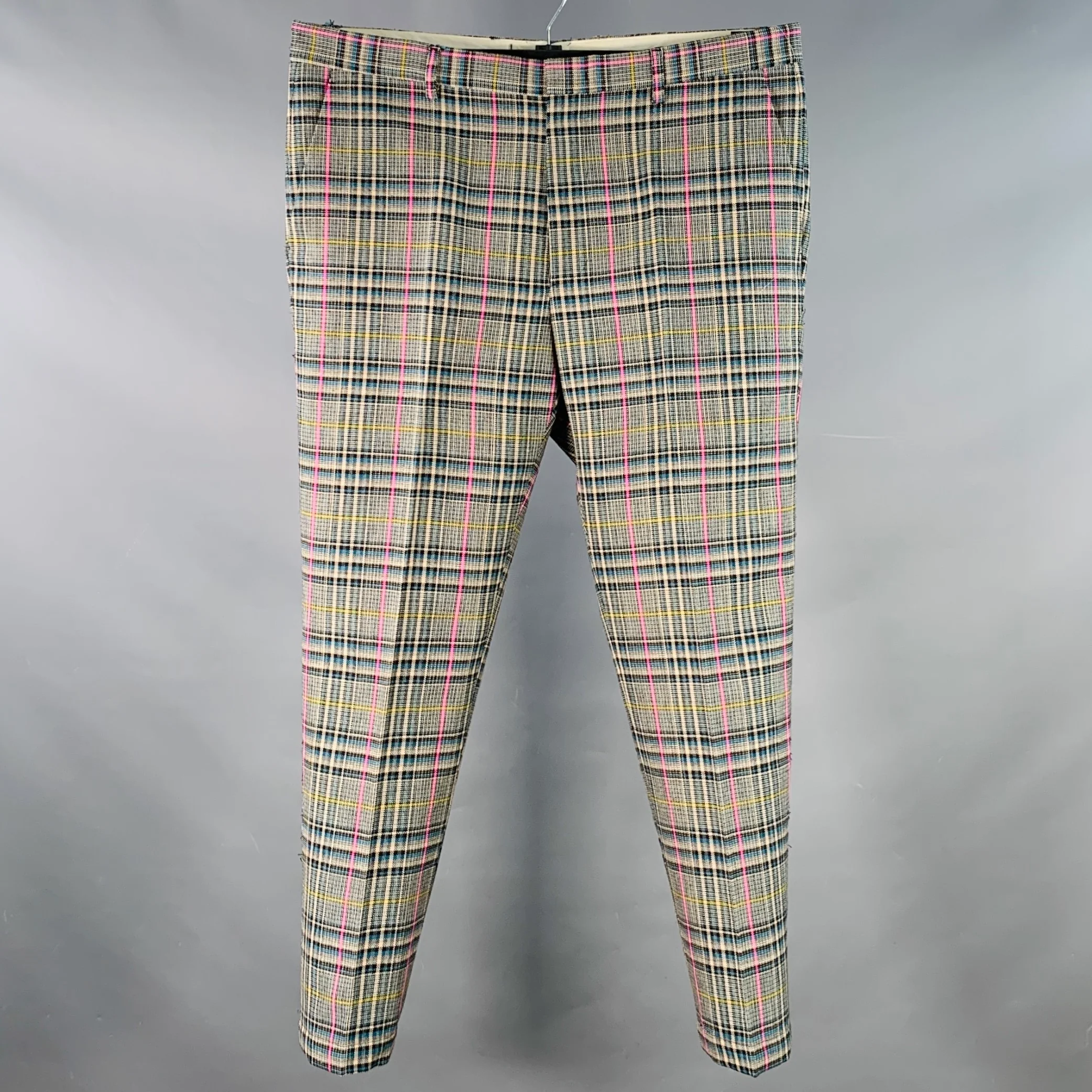 MSGM Size 36 Multi Color Plaid Virgin Wool Tapered Flat Front Dress Pants
