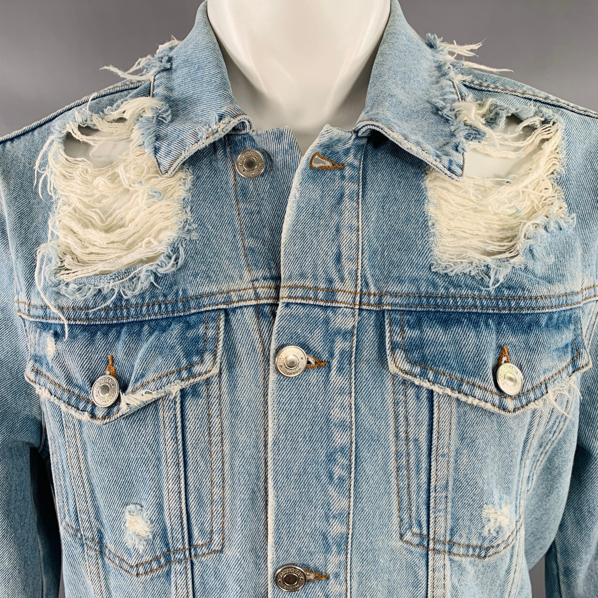 MSGM Size 40 Light Blue Distressed Denim Trucker Jacket - Image 2