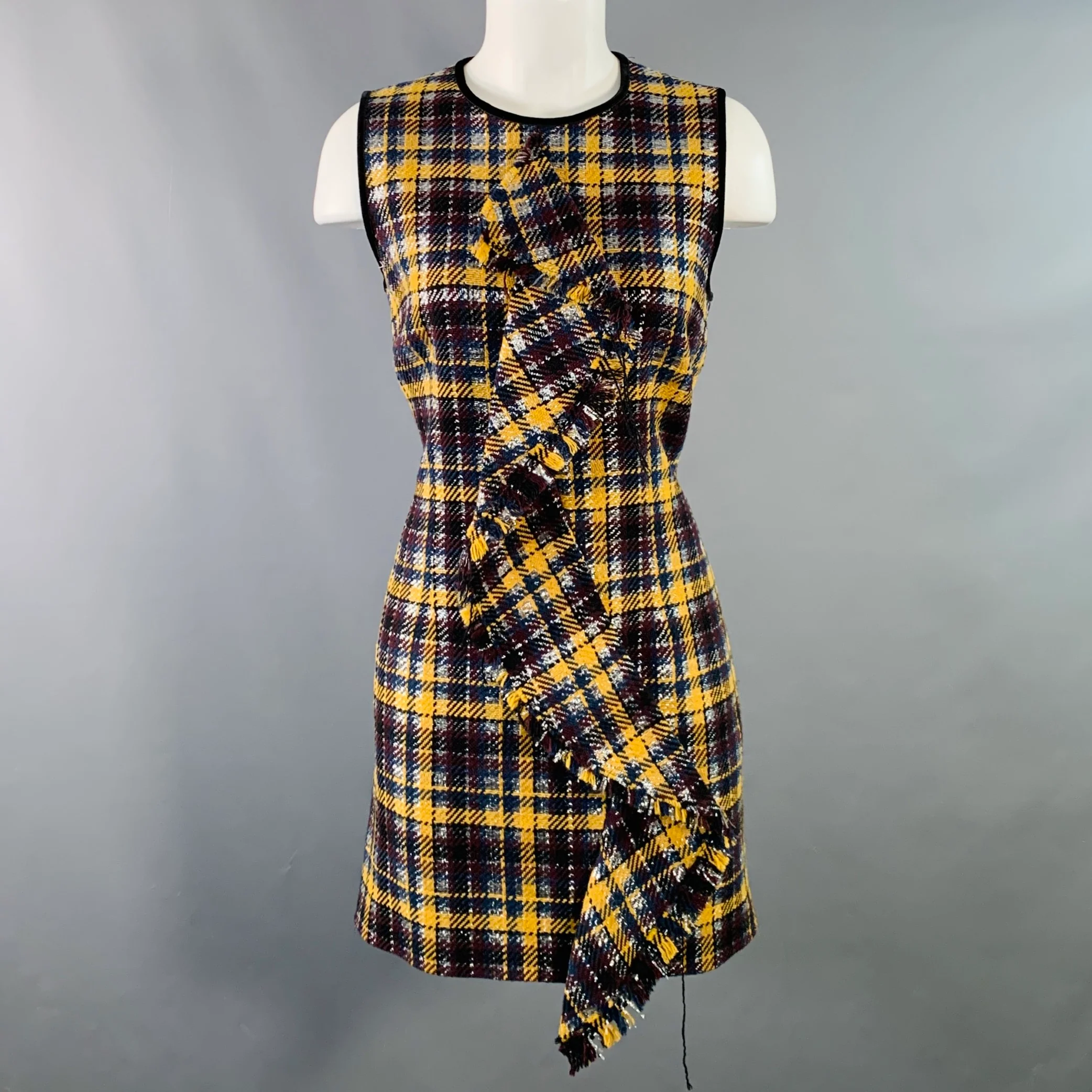 MSGM Size 8 Yellow Black Silver Wool Blend Plaid Ruffle Mini Dress