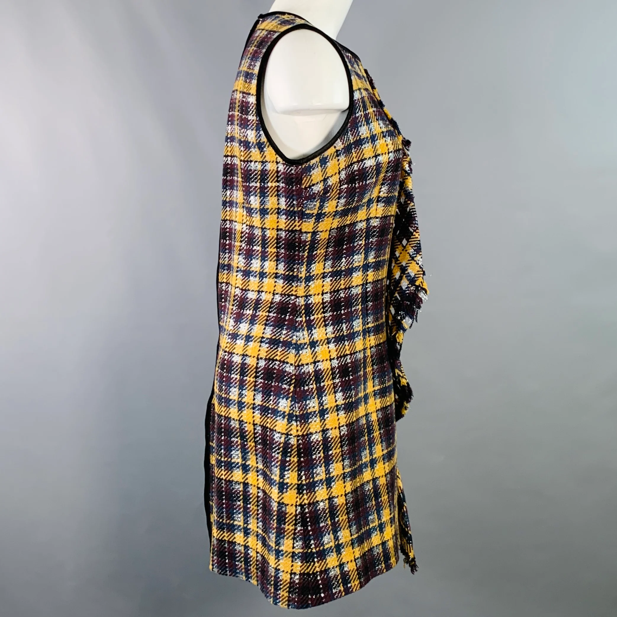 MSGM Size 8 Yellow Black Silver Wool Blend Plaid Ruffle Mini Dress - Image 3