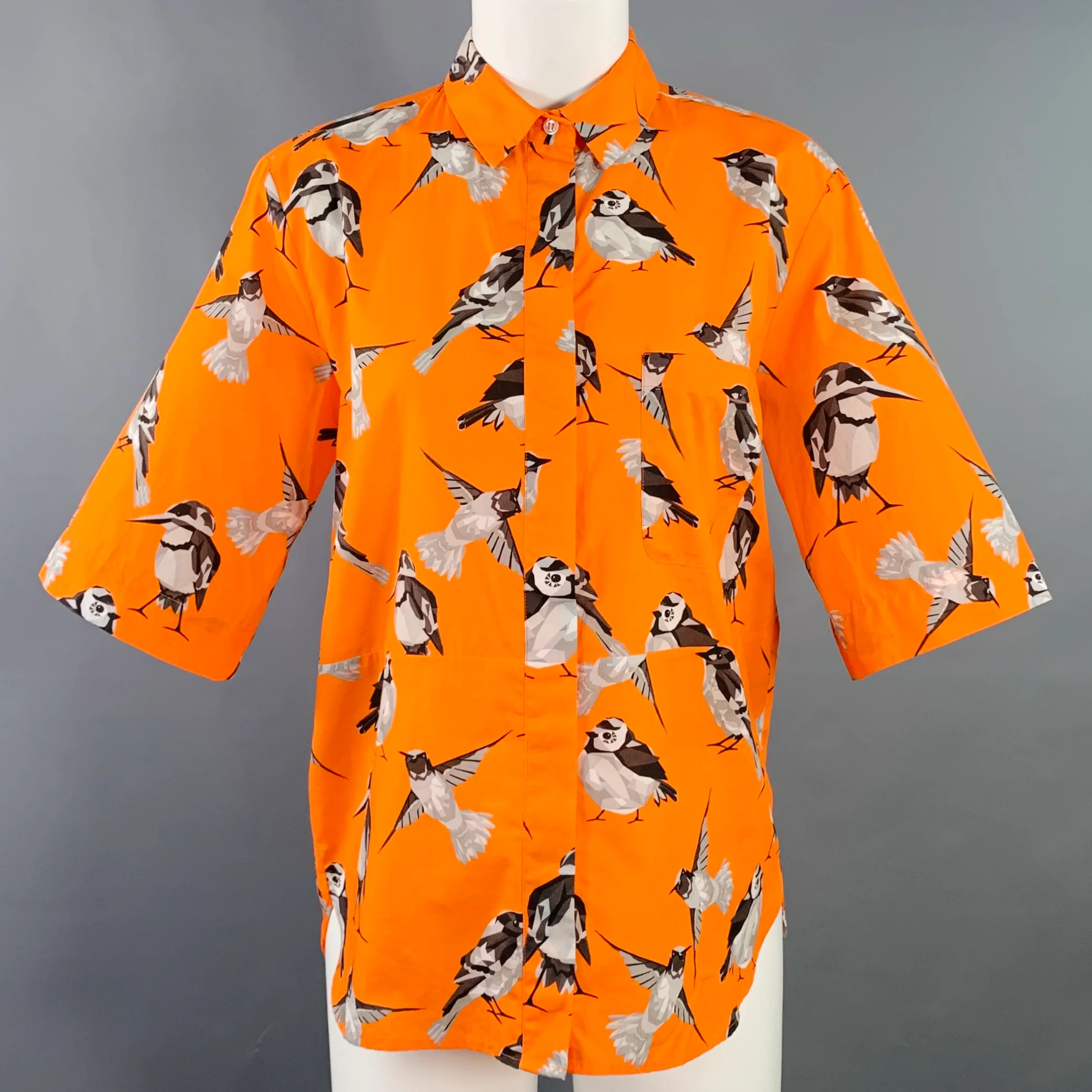 MSGM Size M Orange Black White Cotton Birds One Pocket Short Sleeve Shirt