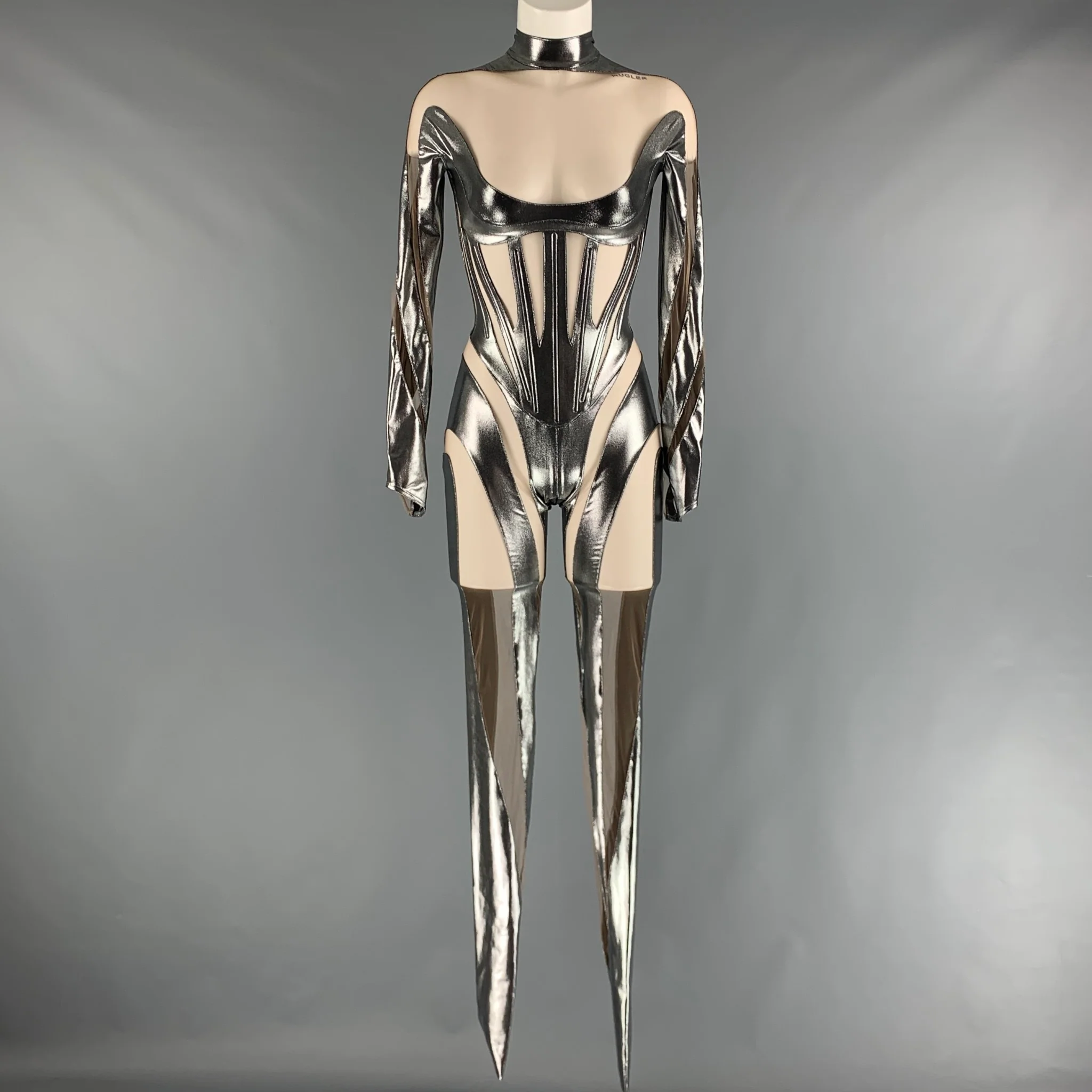 MUGLER Size 2 Silver Nude Mixed Fabrics Polyamide Mesh Jumpsuits - Image 3