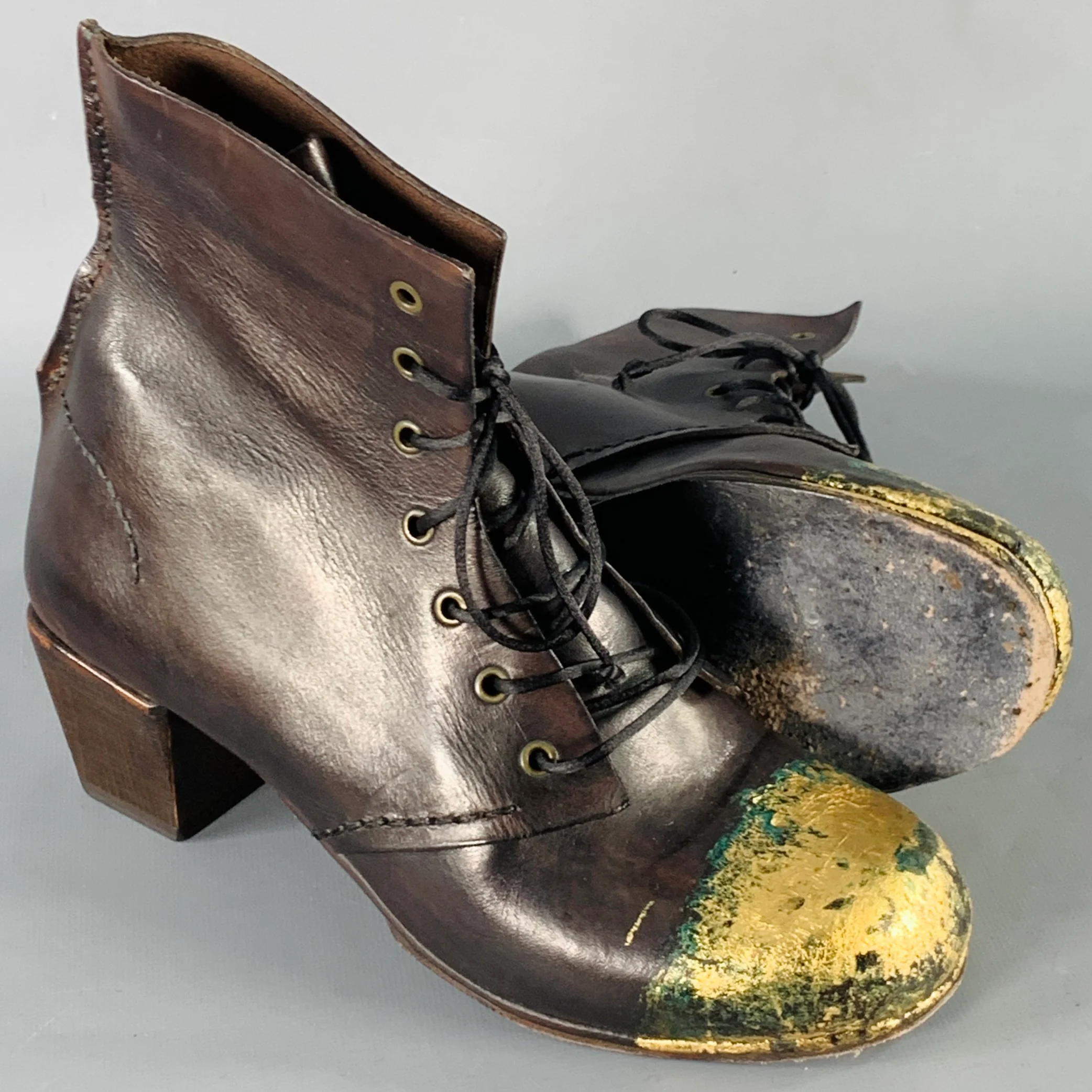 MUNOZ VRANDECIC Size 8 Brown Gold Leather Paint Splattered Wooden Heel Lace-Up Boots - Image 6