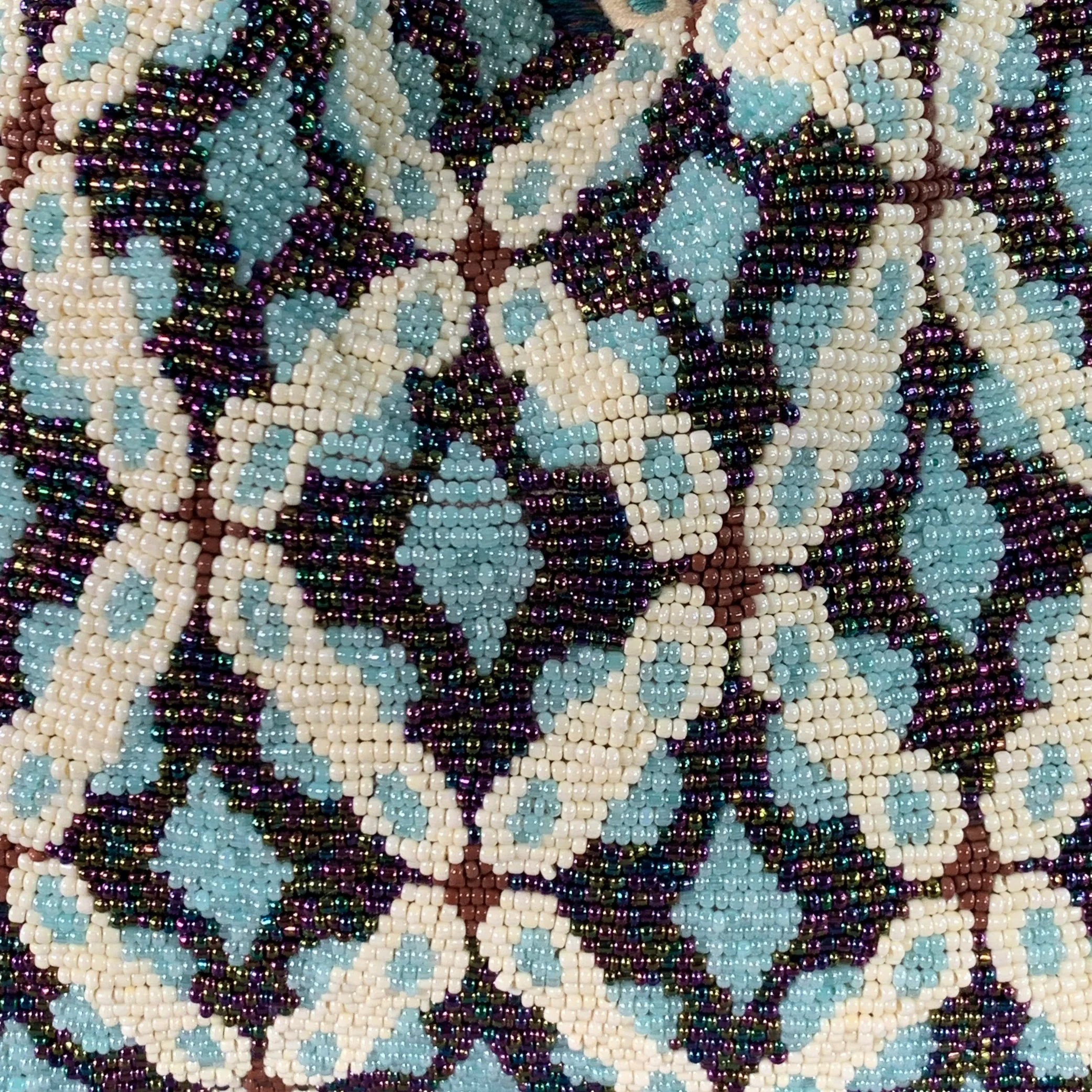MURIEL BRANDOLINI Blue Brown White Beaded Hand Embroidered Cotton Handbag - Image 3
