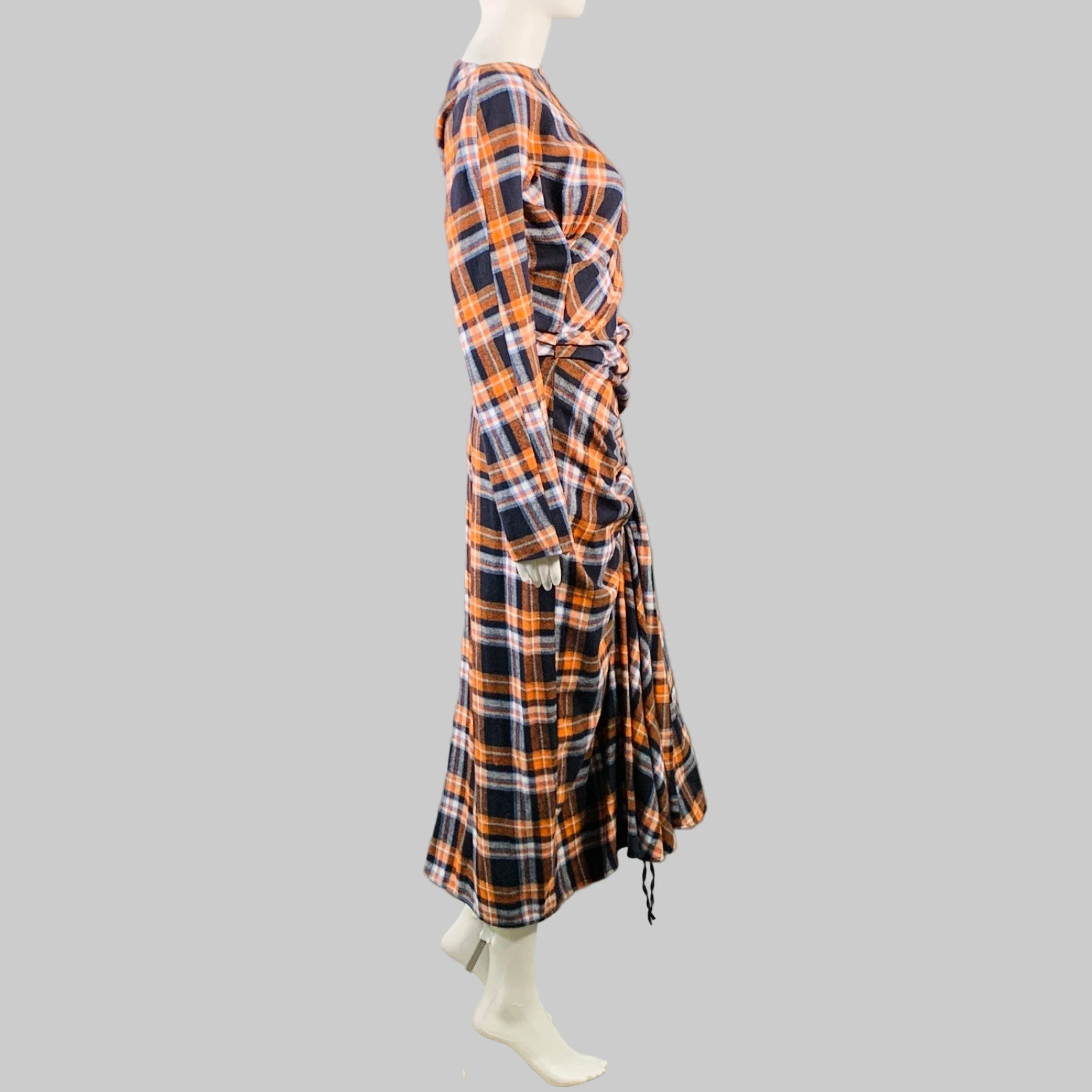 N°21 Size 4 Orange Black White Cotton Plaid Asymmetrical Ruched Maxi Dress - Image 5