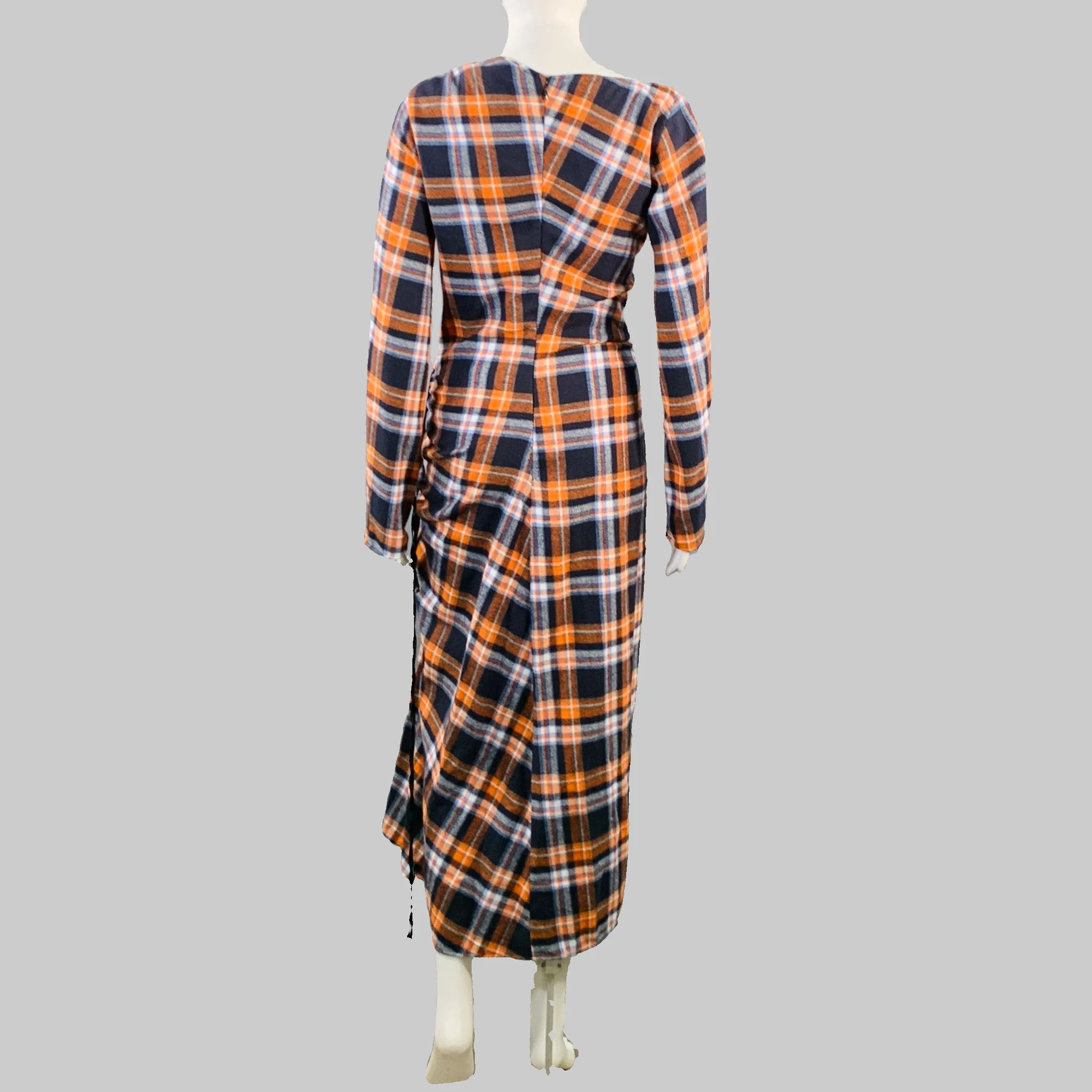 N°21 Size 4 Orange Black White Cotton Plaid Asymmetrical Ruched Maxi Dress - Image 6