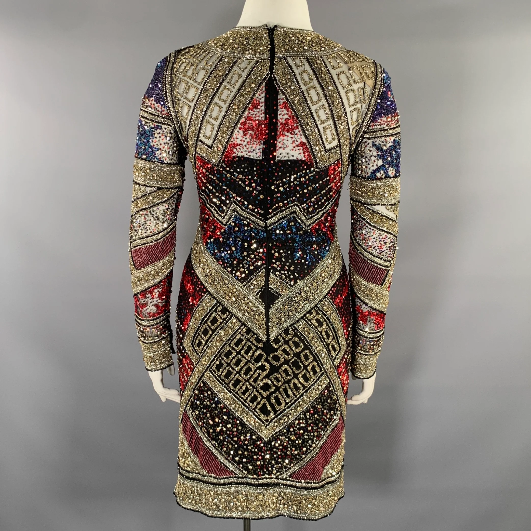 NAEEM KHAN Size 8 Silver Red & Blue Nylon Sequined Midi Cocktail Dress - Image 5