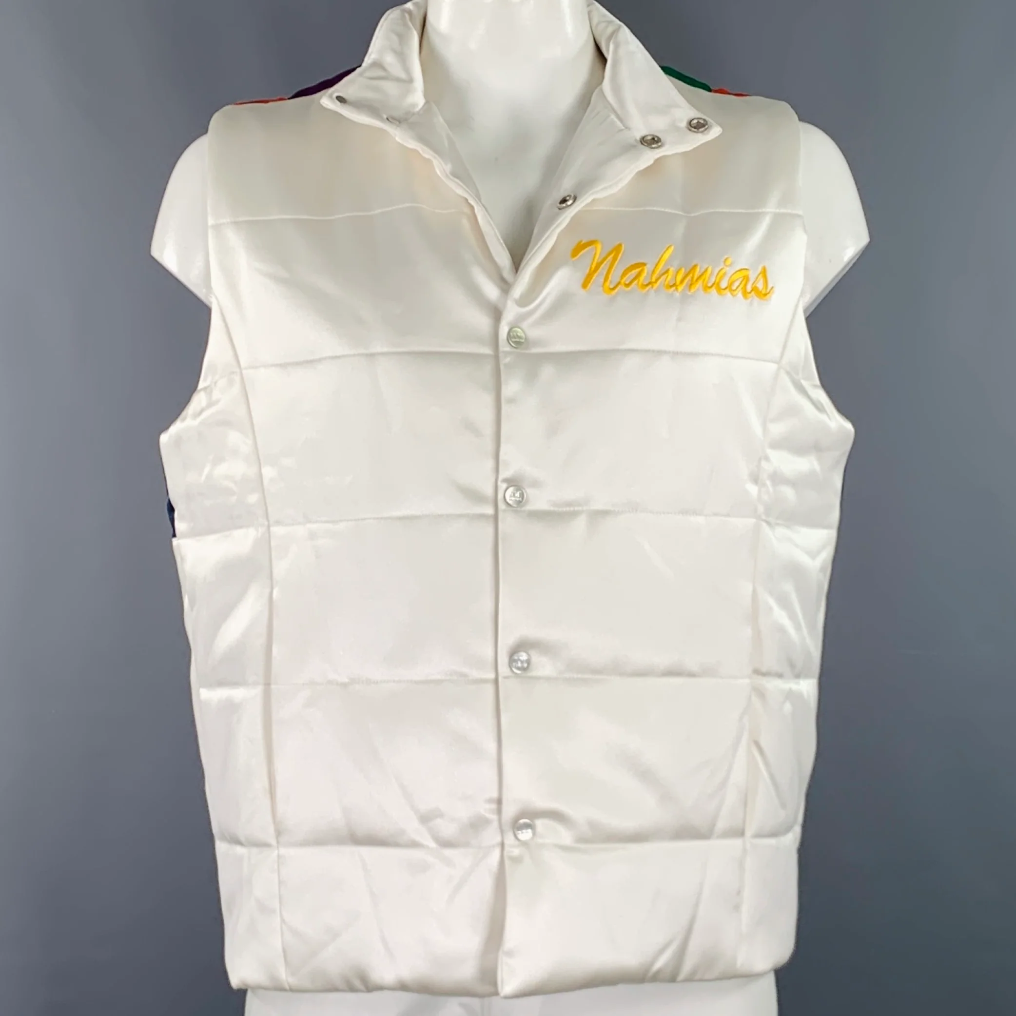 NAHMIAS Size XL -Summer Land- White Multi Color Embroidery Silk Button Up Vest