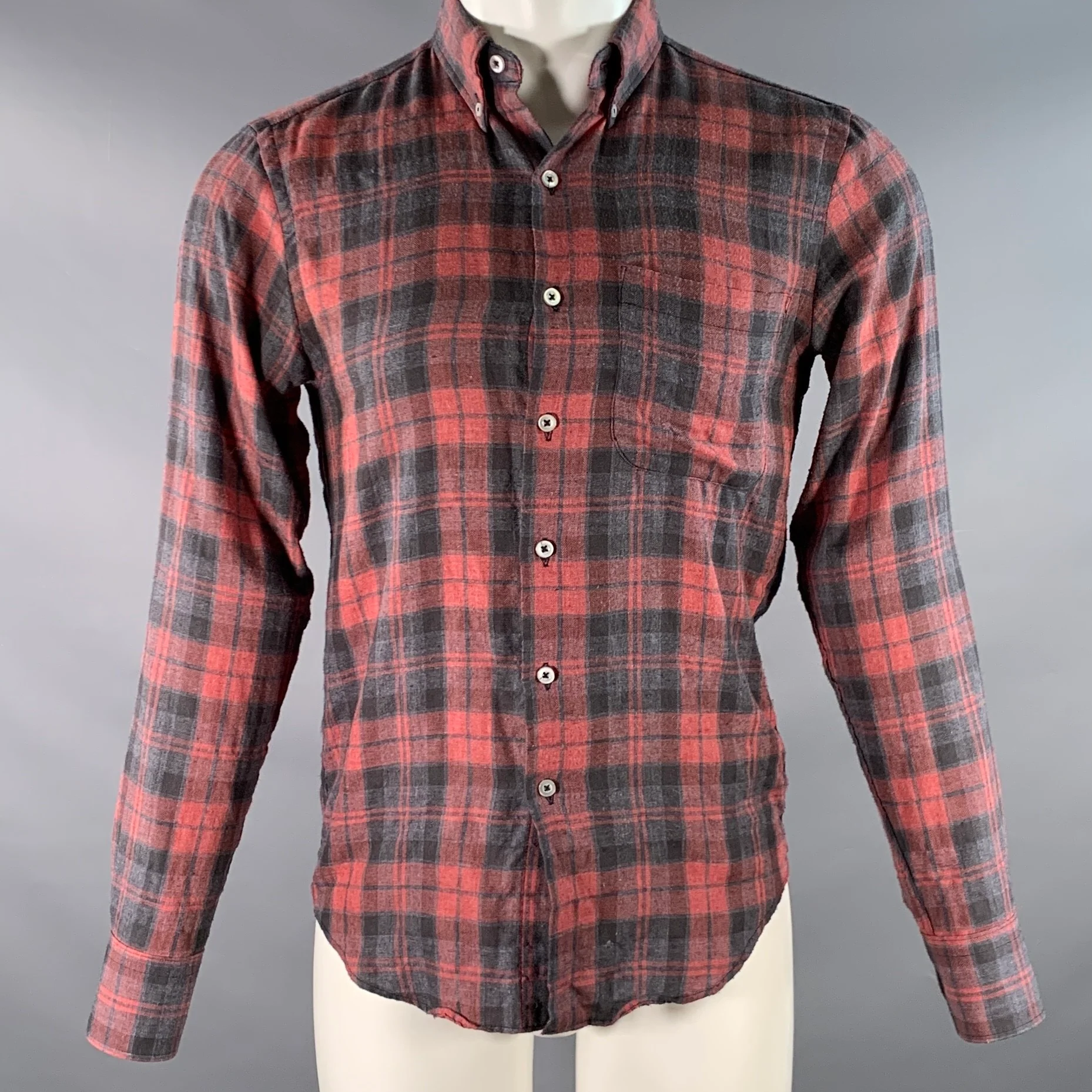 NAKED AND FAMOUS Size S Grey Burgundy Plaid Cotton One pocket Long Sleeve Shirt