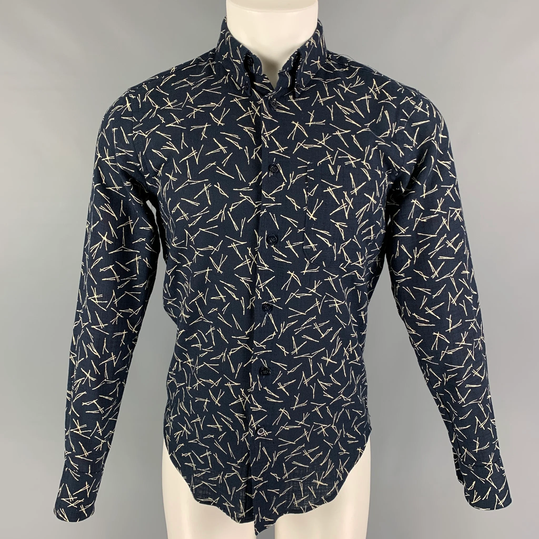 NAKED AND FAMOUS Size S Navy Cream Print Cotton Long Sleeve Shirt