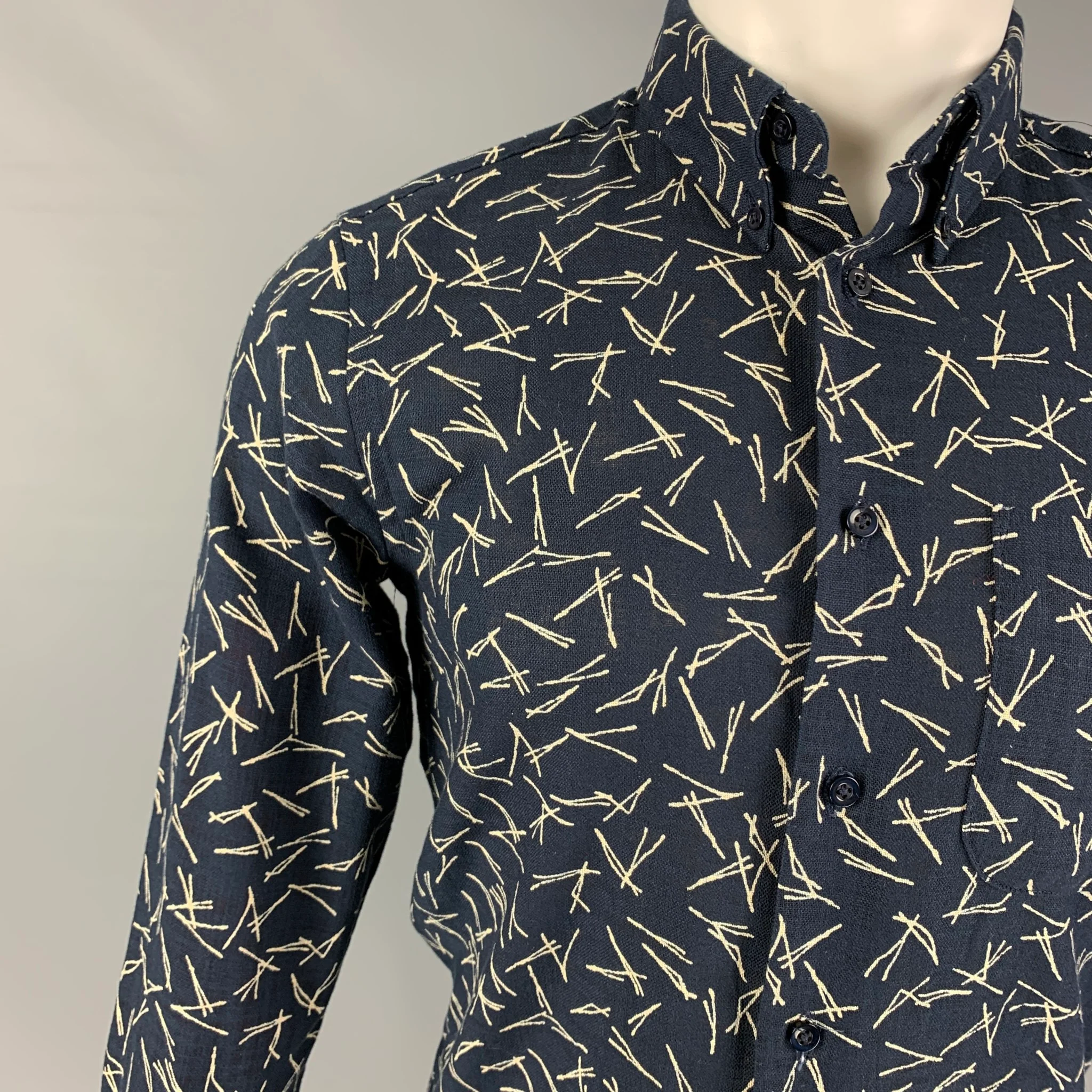 NAKED AND FAMOUS Size S Navy Cream Print Cotton Long Sleeve Shirt - Image 2