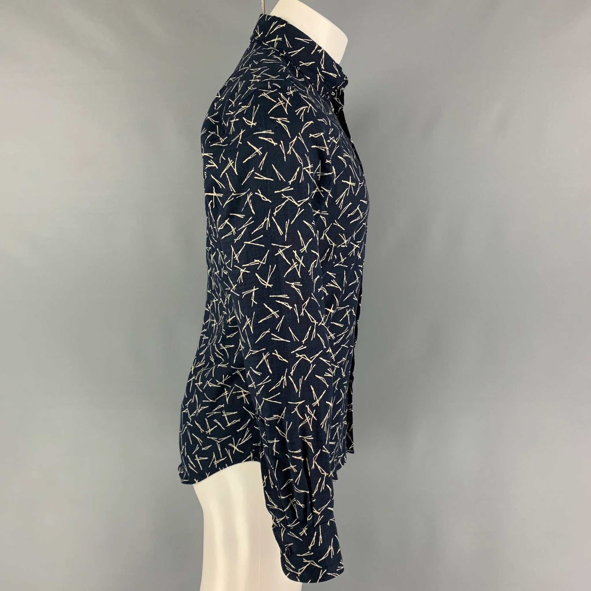 NAKED AND FAMOUS Size S Navy Cream Print Cotton Long Sleeve Shirt - Image 3