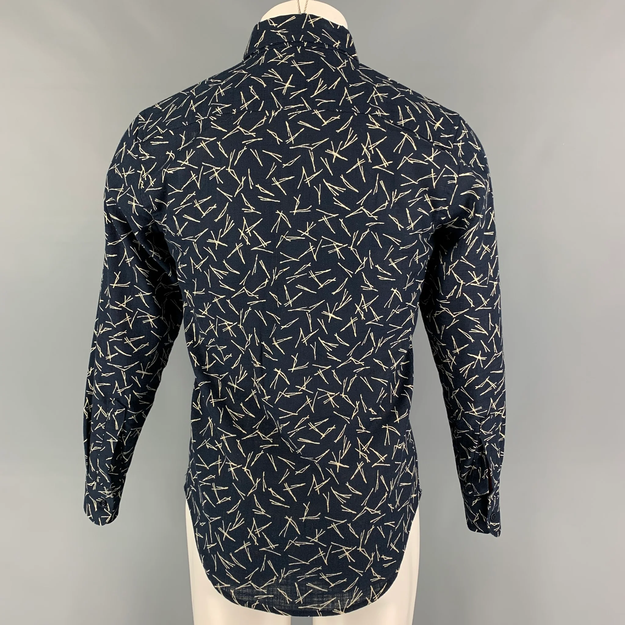 NAKED AND FAMOUS Size S Navy Cream Print Cotton Long Sleeve Shirt - Image 4