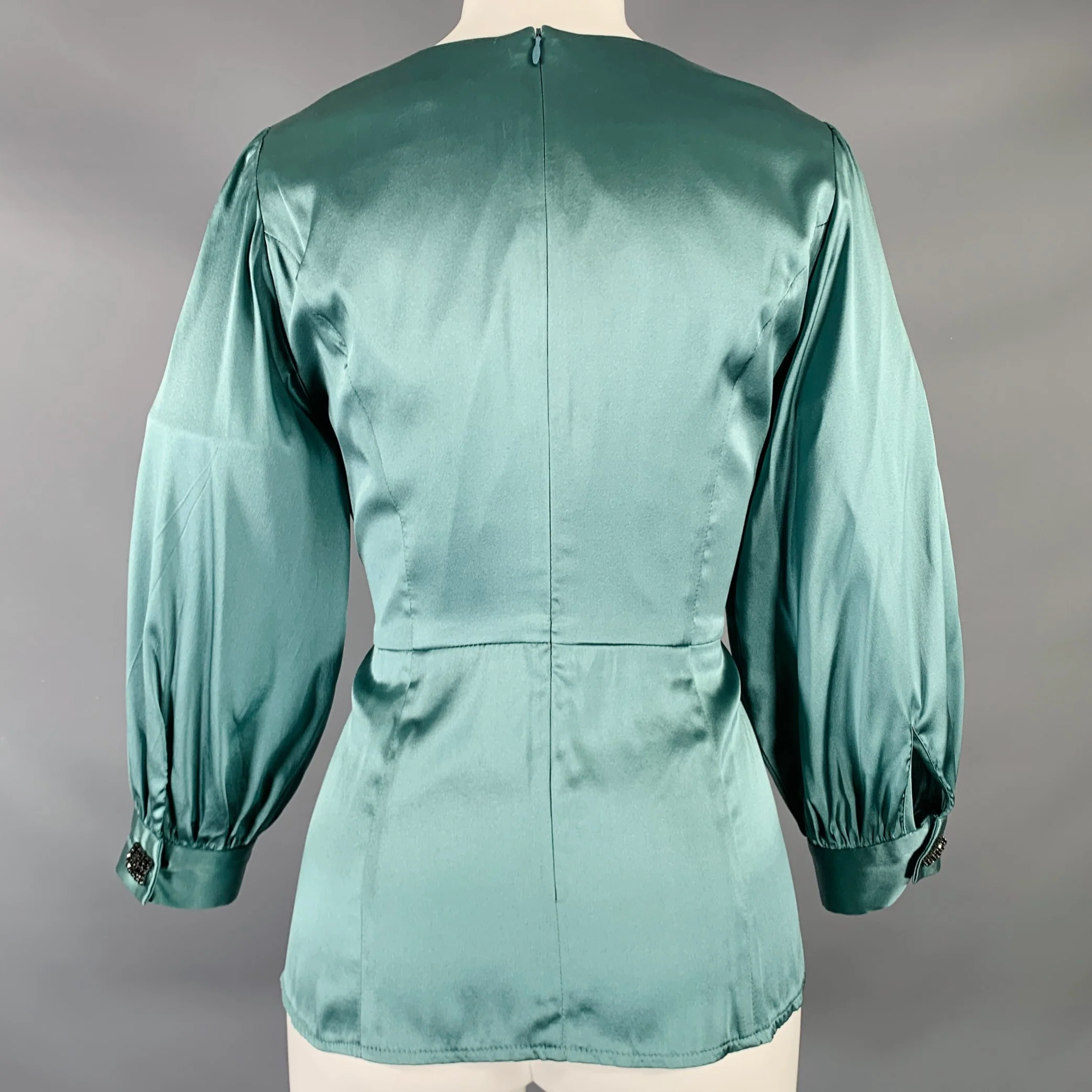 NANETTE LEPORE Size 8 Teal Silk Blend Ruched V-Neck Blouse - Image 4