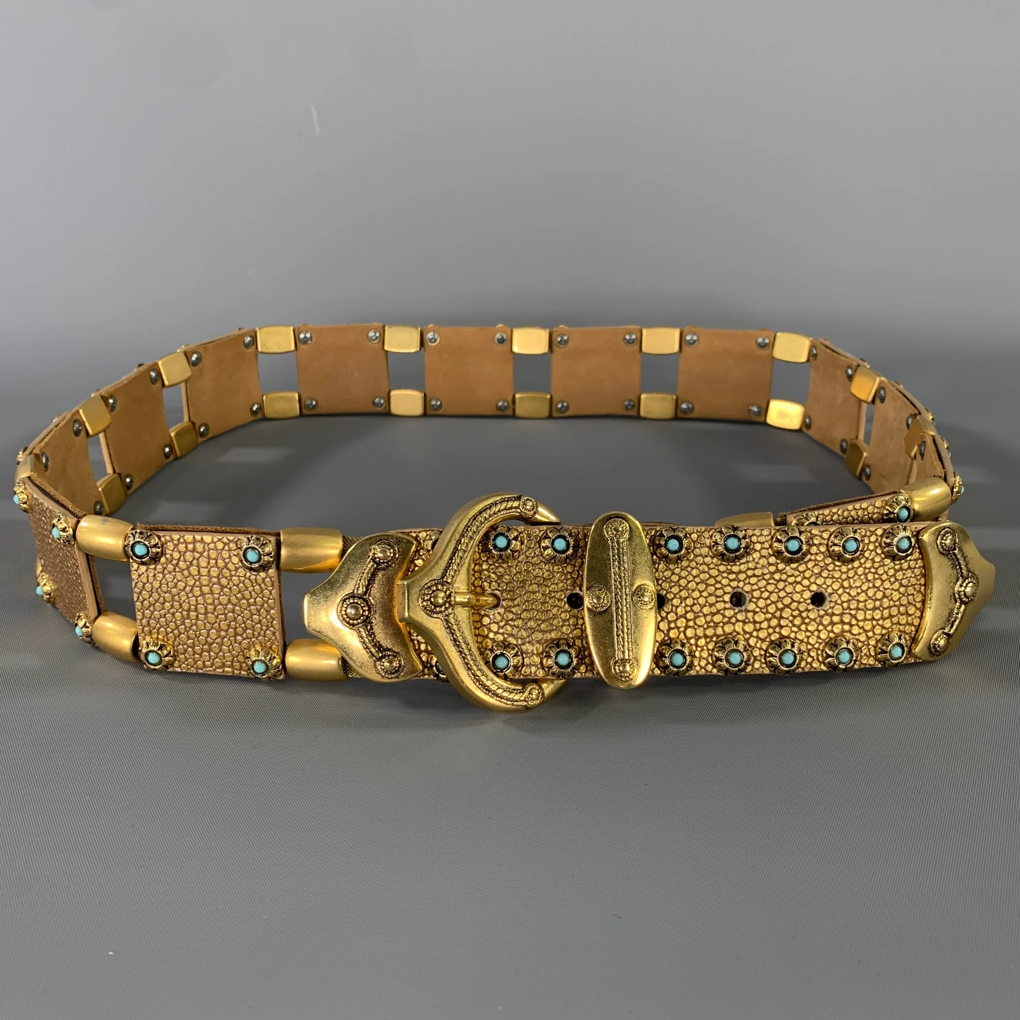 NANNI Waist Size 36 Gold Crackled Leather Trim Metallic Metal Belt