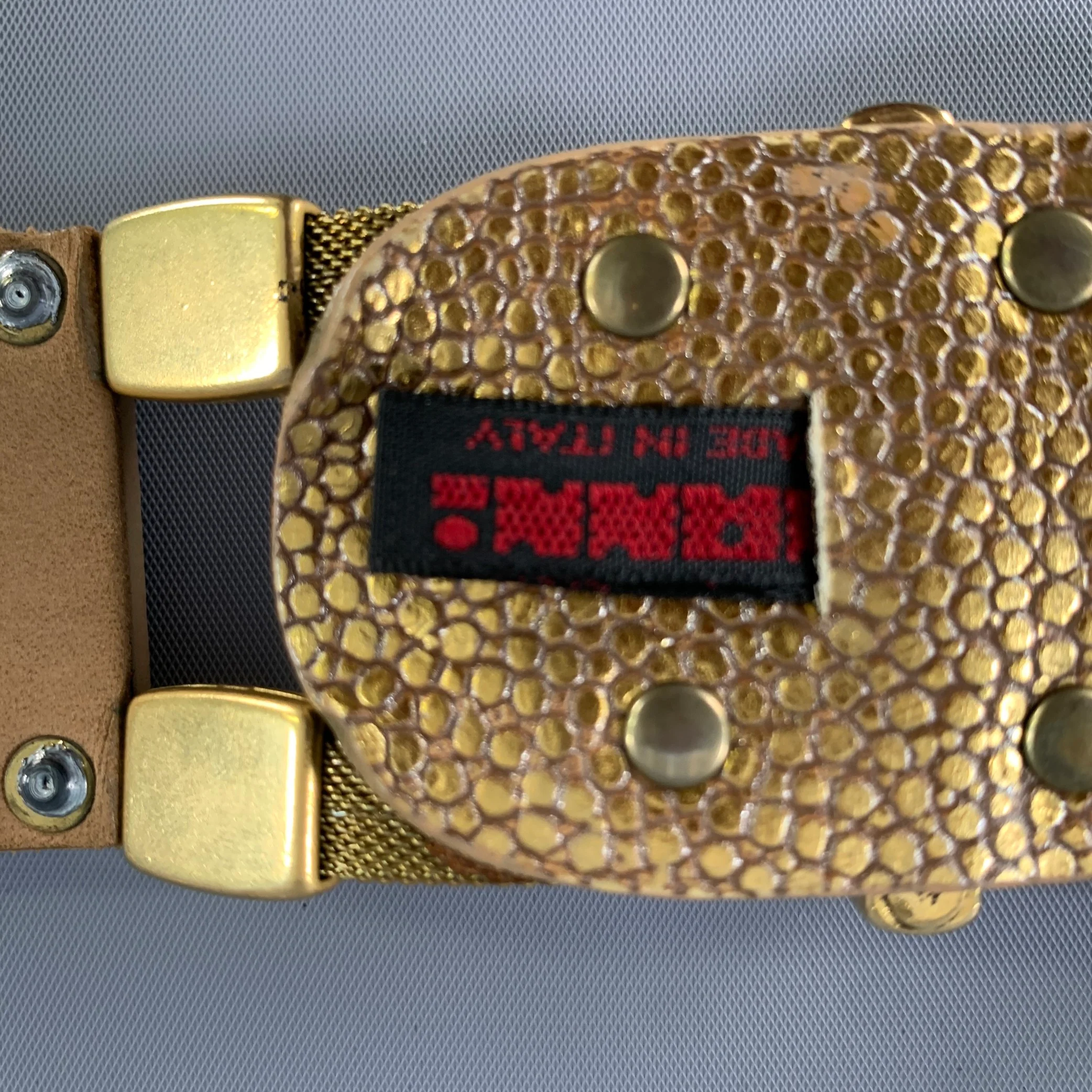 NANNI Waist Size 36 Gold Crackled Leather Trim Metallic Metal Belt - Image 8