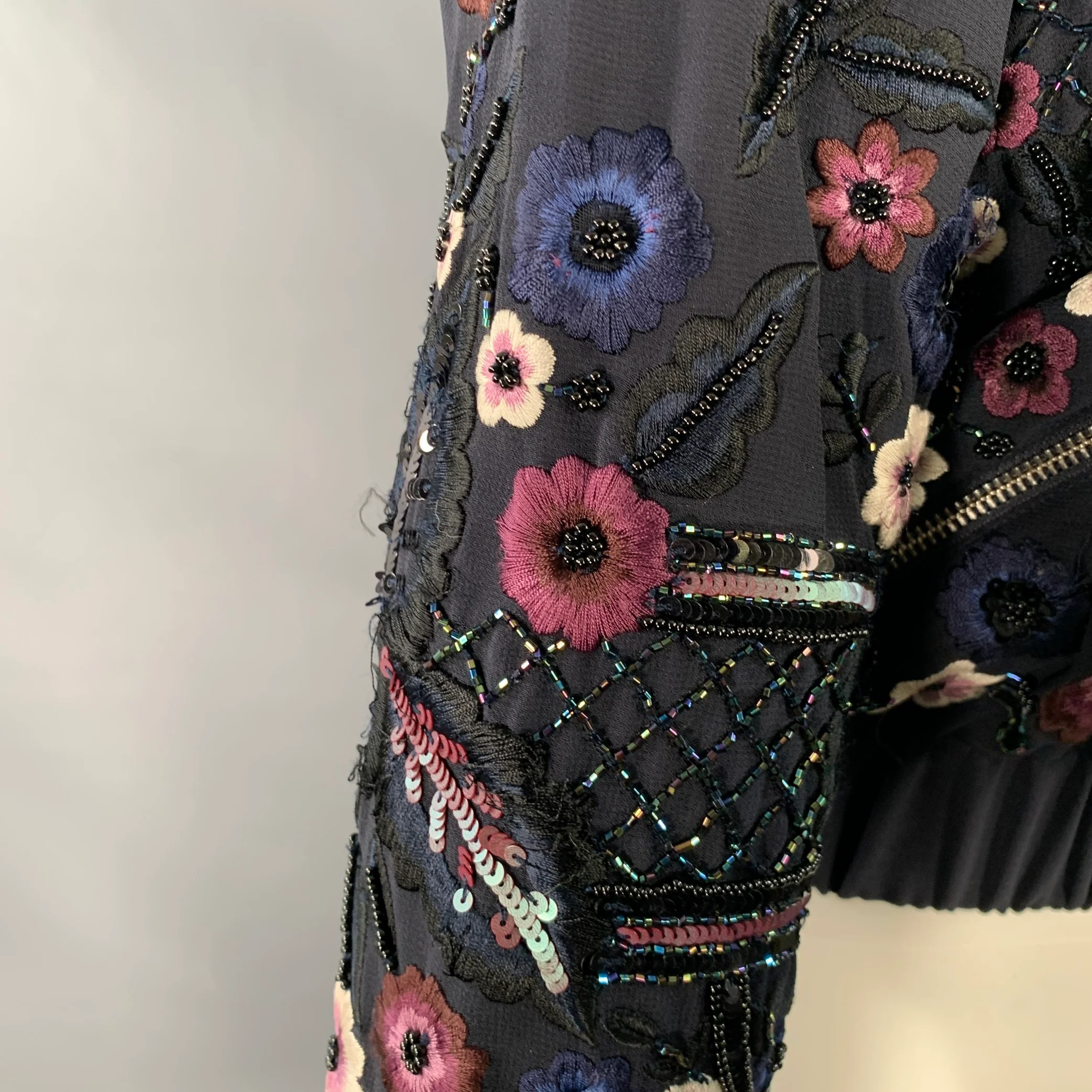 NEEDLE AND THREAD Size 4 Navy Burgundy White Embroidered Floral Bomber Jacket - Image 10