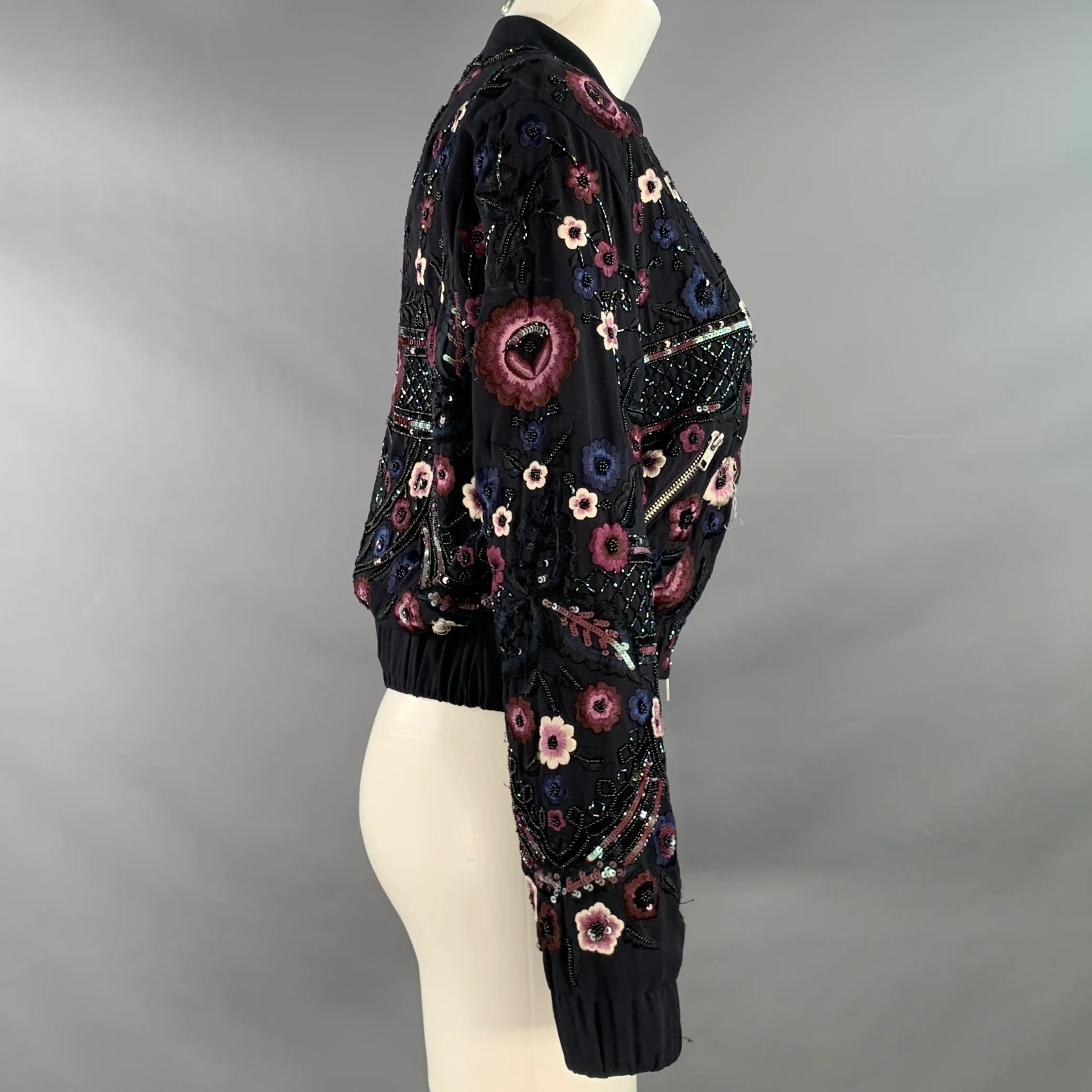 NEEDLE AND THREAD Size 4 Navy Burgundy White Embroidered Floral Bomber Jacket - Image 3