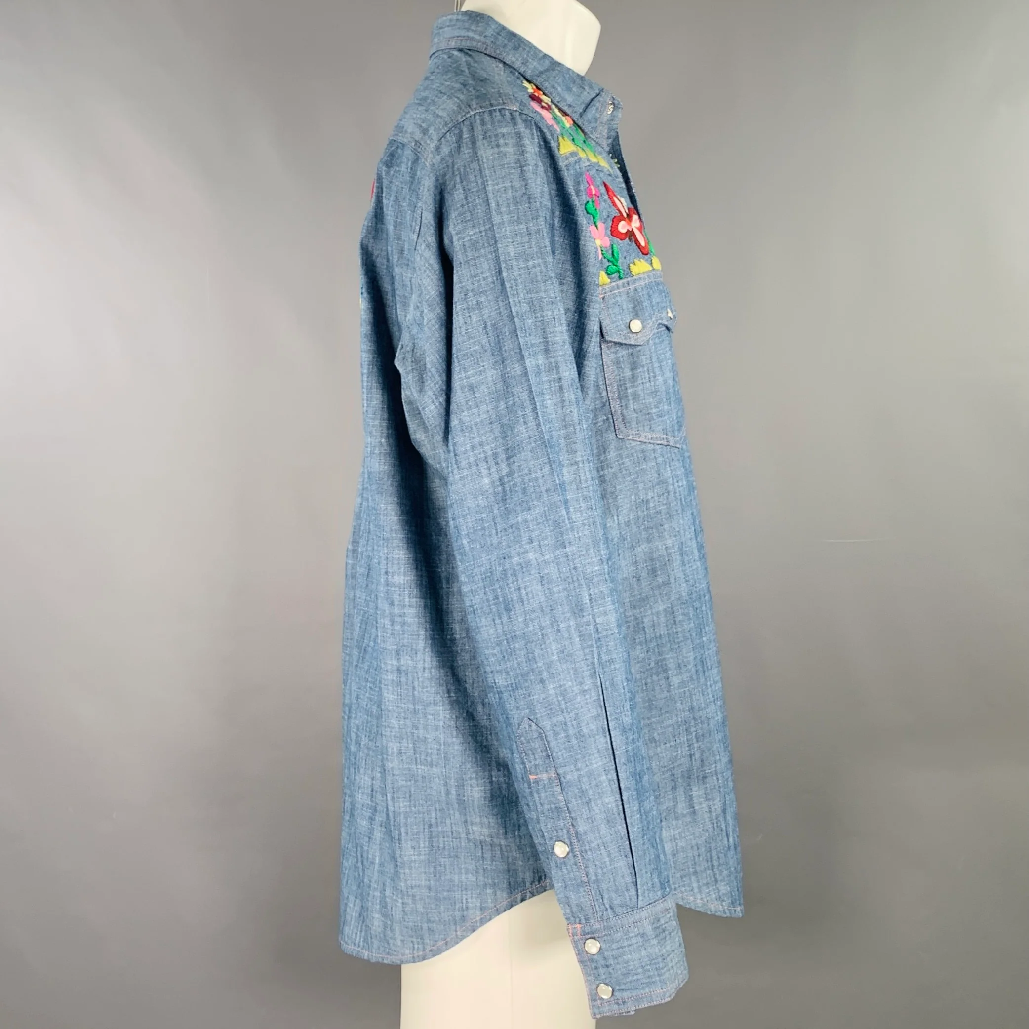 NEEDLES Size L Blue Multi Color Embroidery Chambray Snaps Long Sleeve Shirt - Image 3