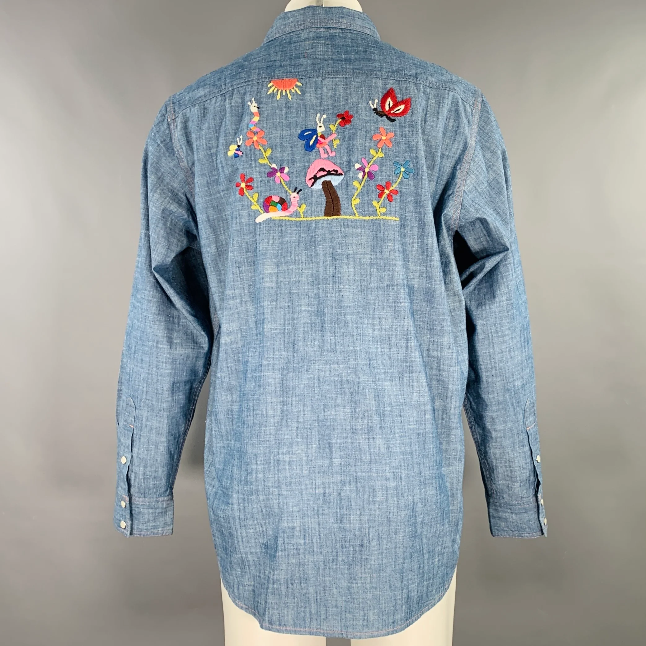 NEEDLES Size L Blue Multi Color Embroidery Chambray Snaps Long Sleeve Shirt - Image 4