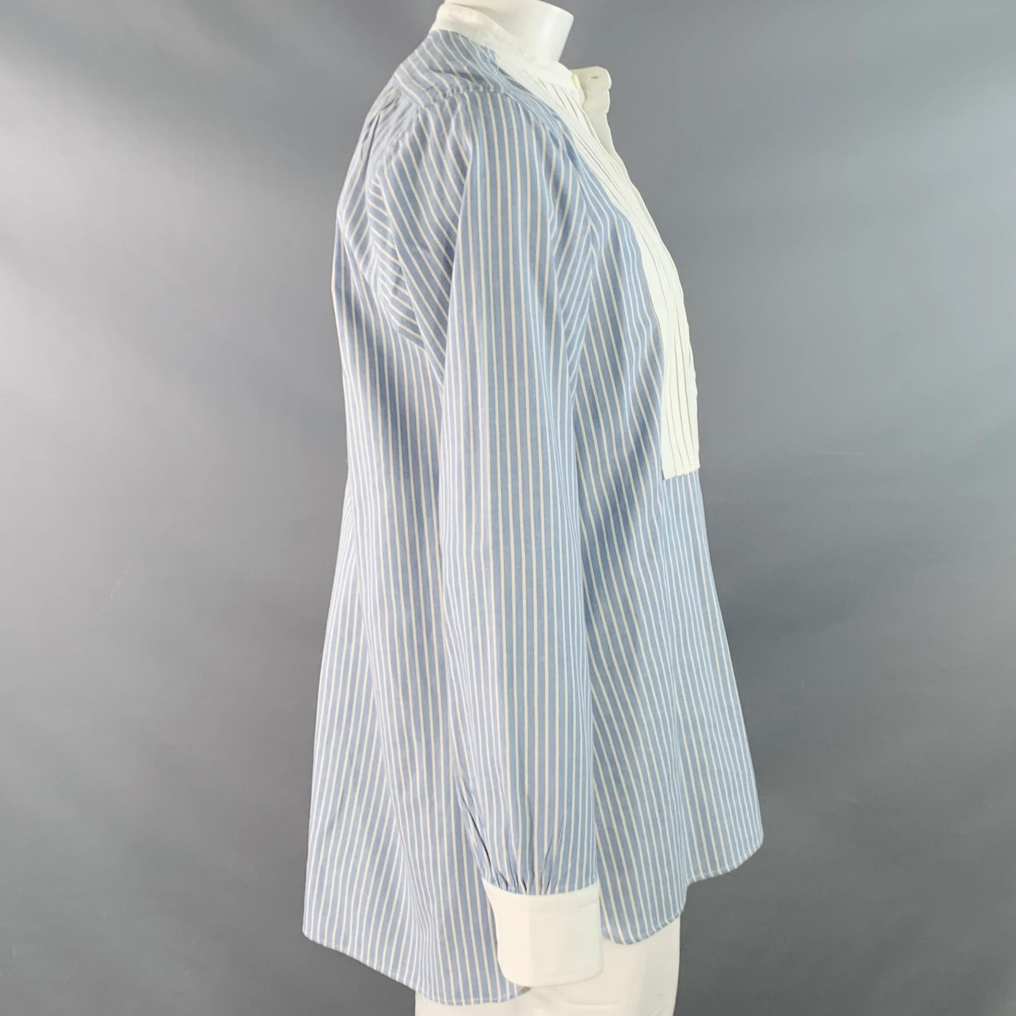 NEEDLES Size L Blue White Stripe Cotton Pleated Bib Collarless Long Sleeve Shirt - Image 3