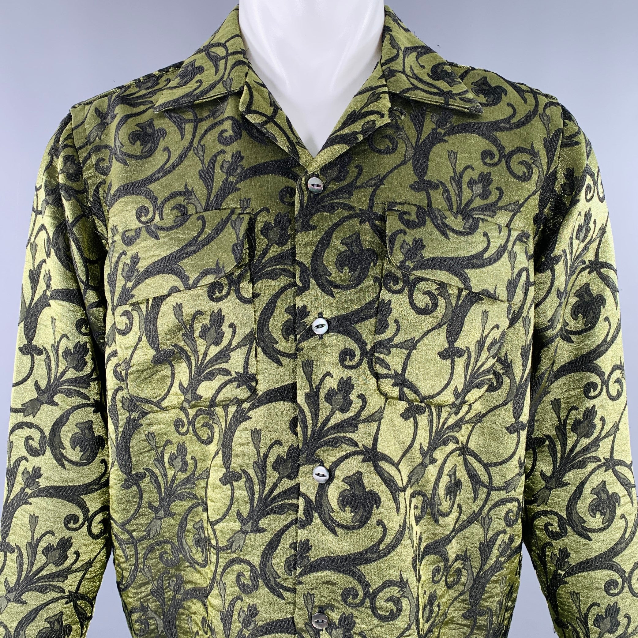 NEEDLES Size S Green Black Embroidery Rayon Blend Lamé 2 Pockets Long Sleeve Shirt - Image 2