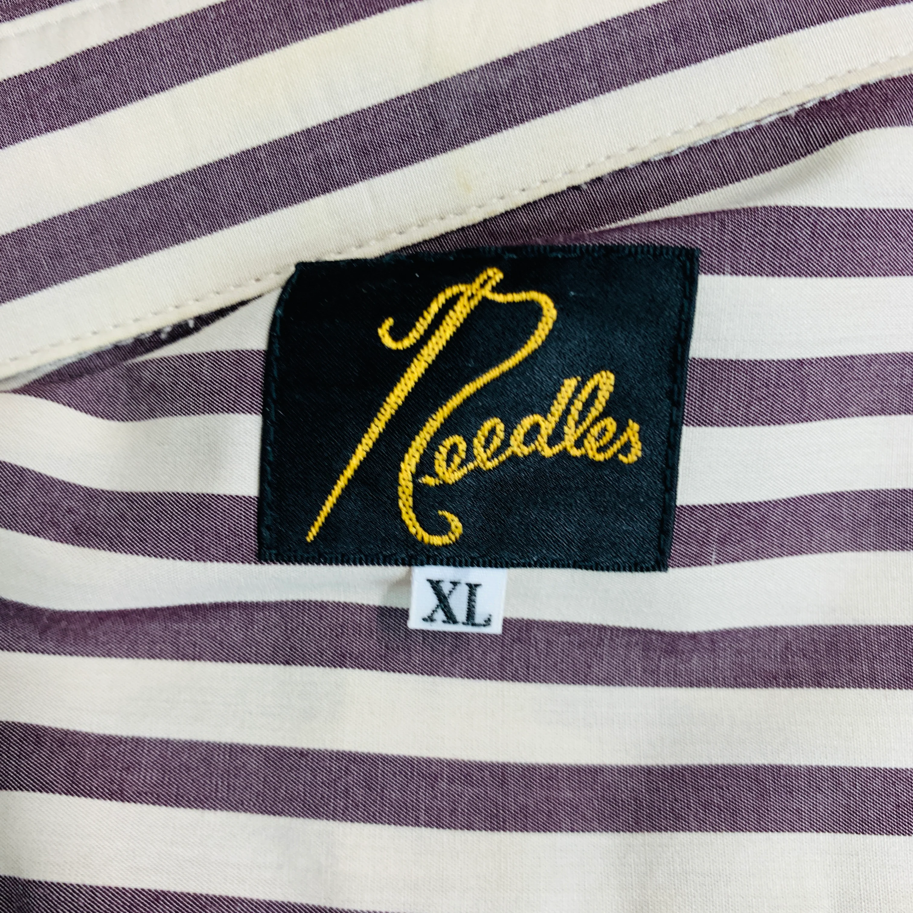 NEEDLES Size XL Brown Cream Stripe Cotton Long Placket Long Sleeve Shirt - Image 5