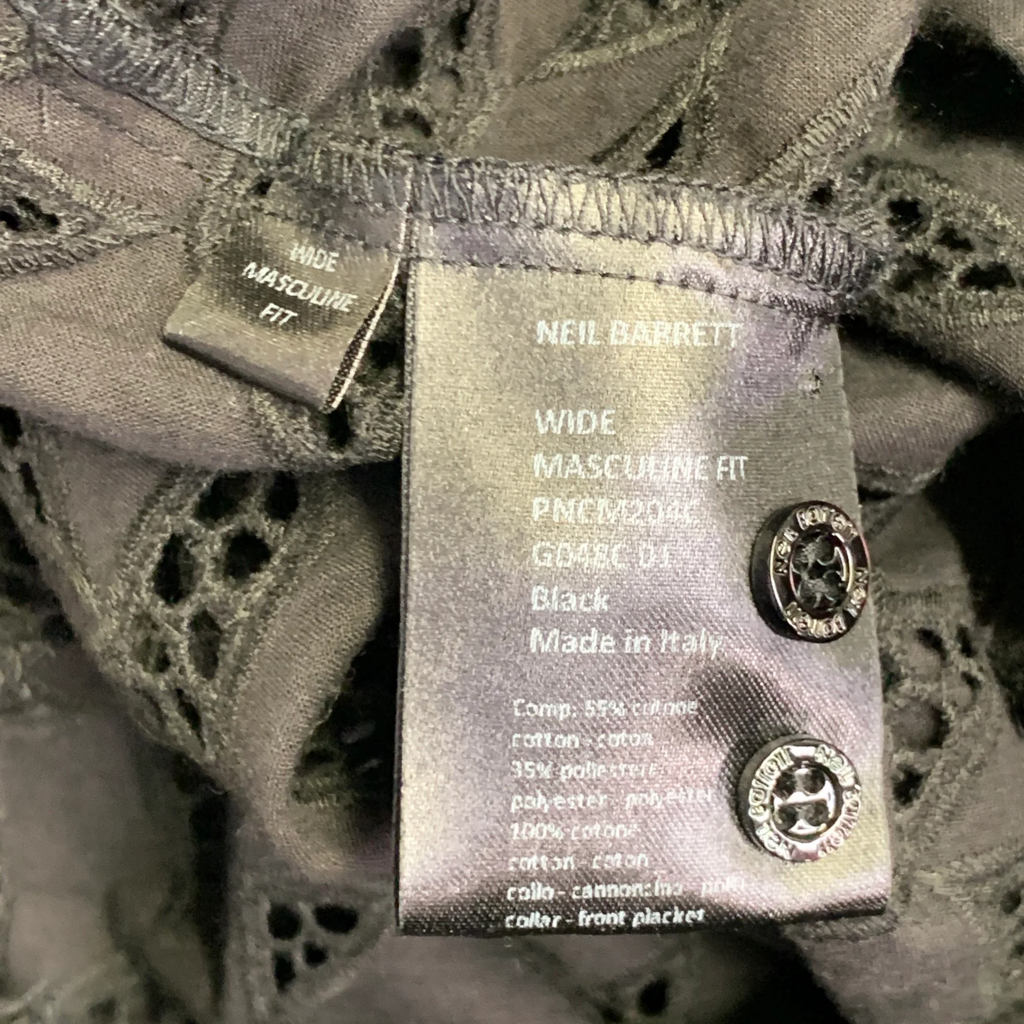NEIL BARRETT Size L Black Cotton Eyelet Lace Asymmetrical Button Up Shirt - Image 6