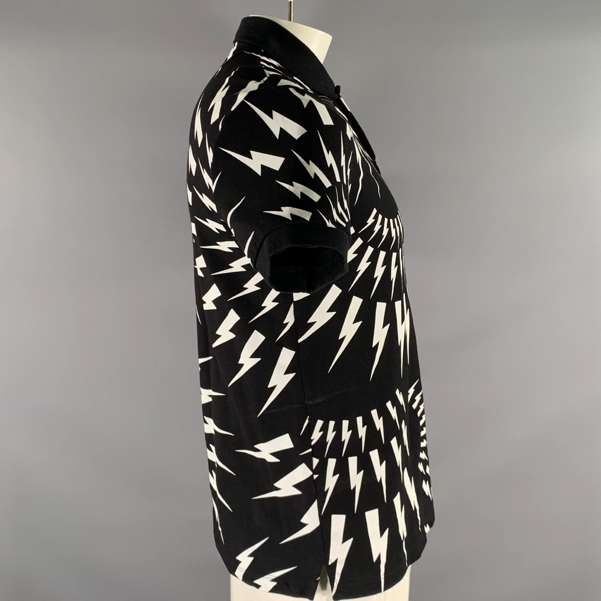 NEIL BARRETT Size L Black White Graphic Cotton Slim Fit Polo - Image 3