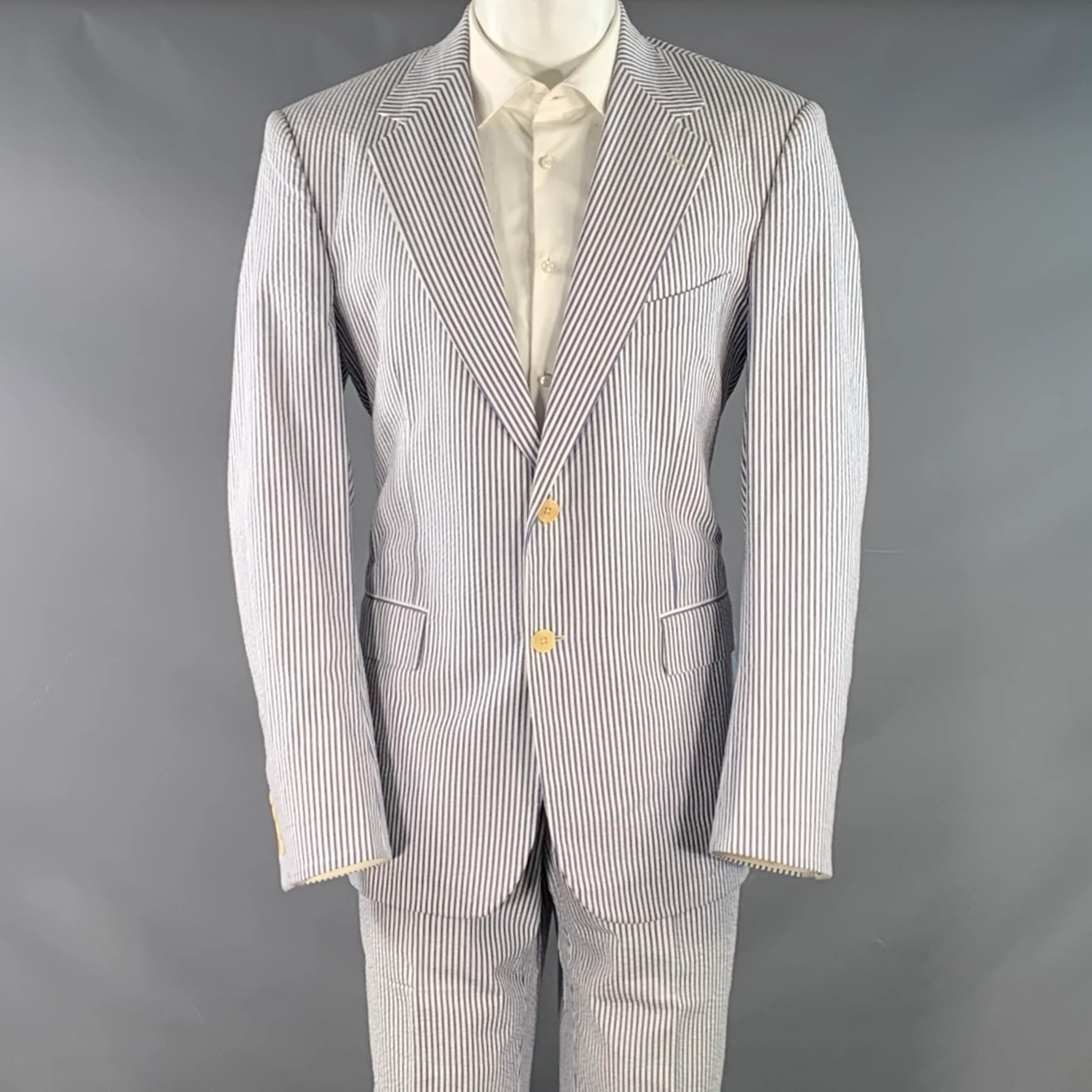 NEIMAN MARCUS Size 40 Blue White Stripe Seersucker Notch Lapel Suit