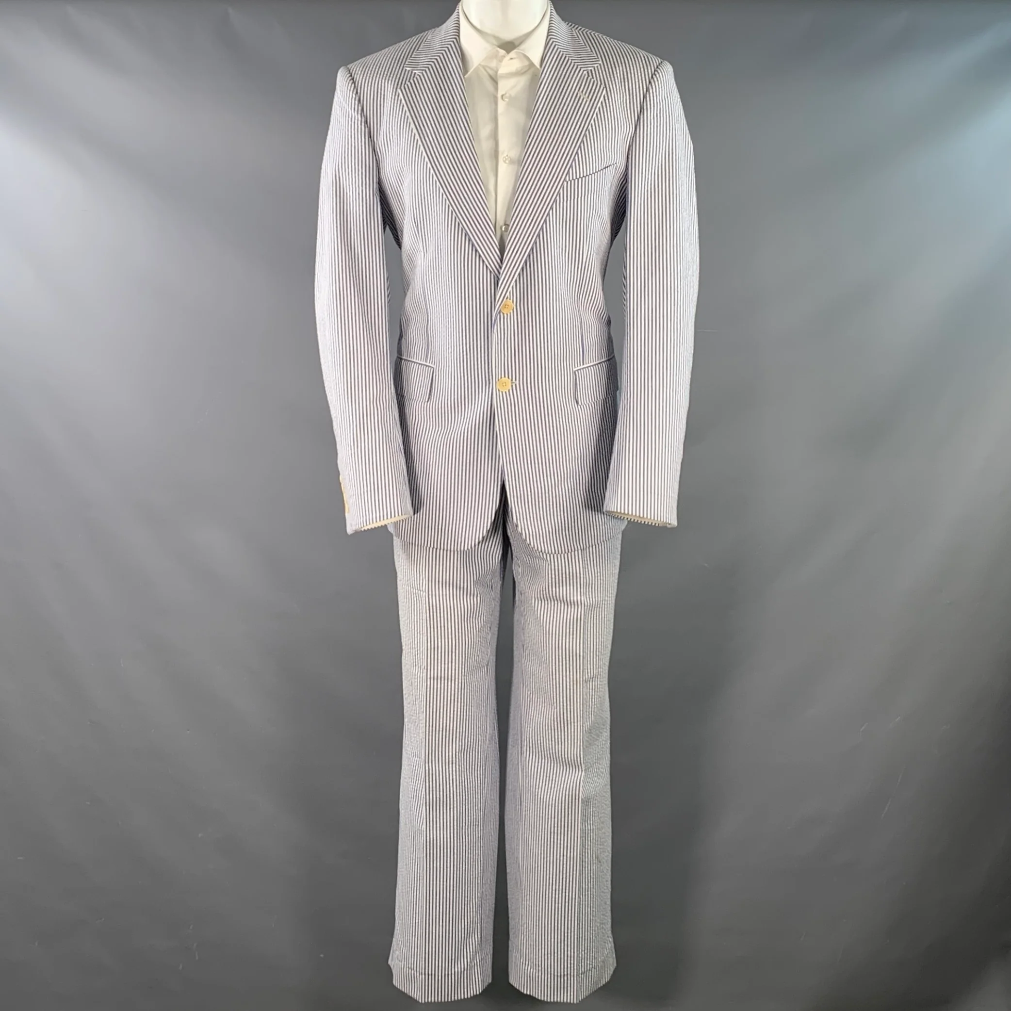 NEIMAN MARCUS Size 40 Blue White Stripe Seersucker Notch Lapel Suit - Image 2