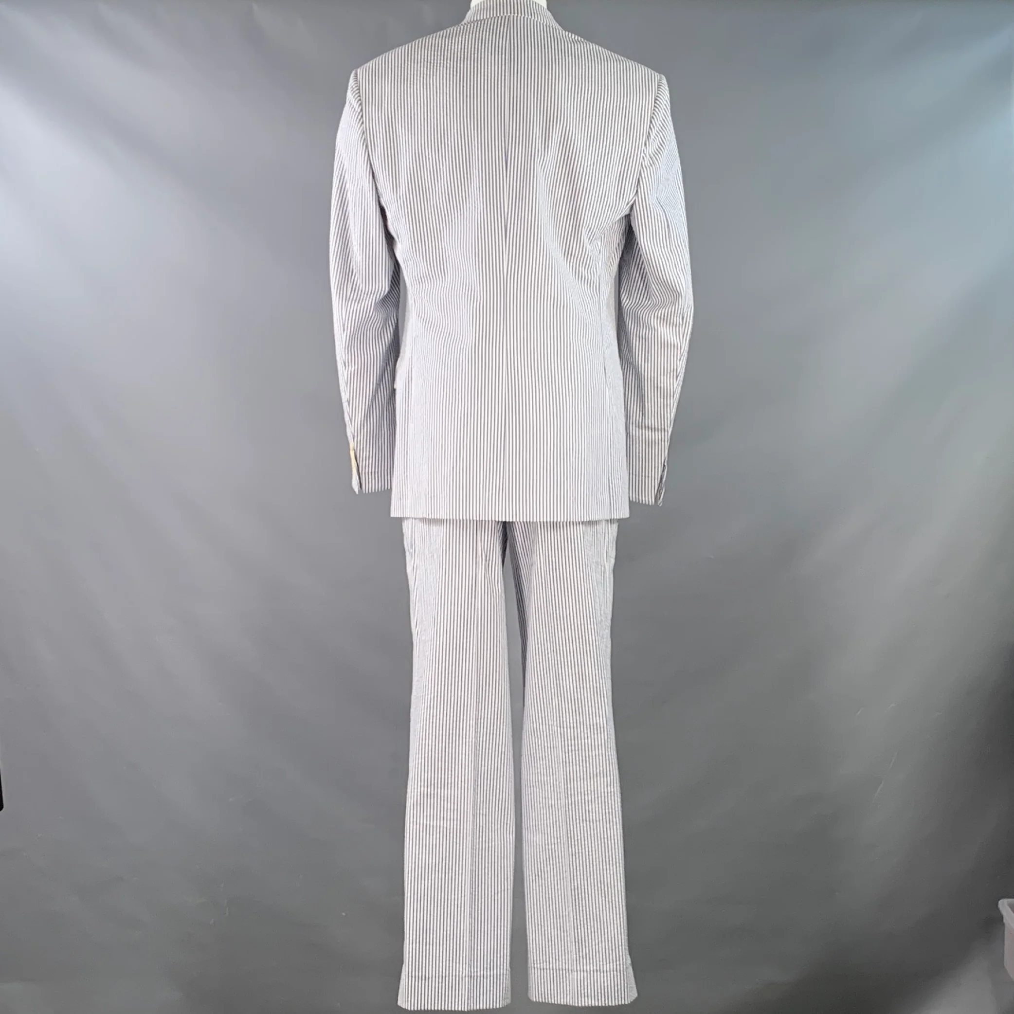 NEIMAN MARCUS Size 40 Blue White Stripe Seersucker Notch Lapel Suit - Image 3