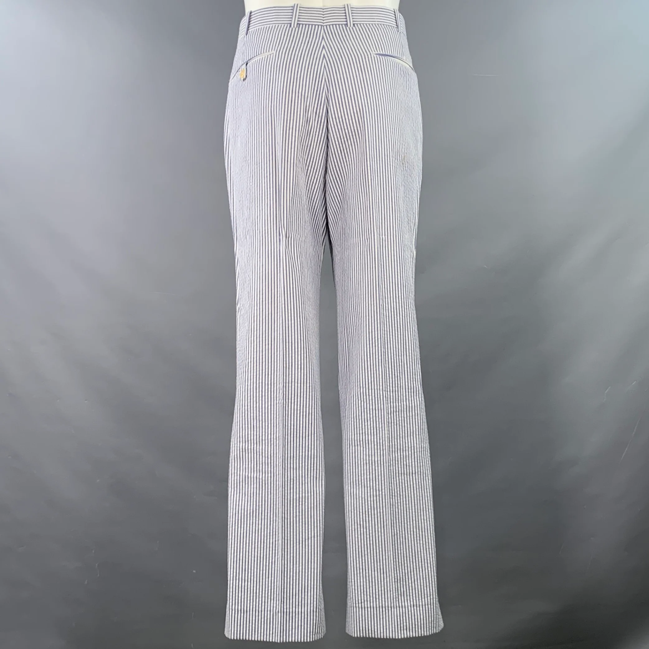 NEIMAN MARCUS Size 40 Blue White Stripe Seersucker Notch Lapel Suit - Image 5