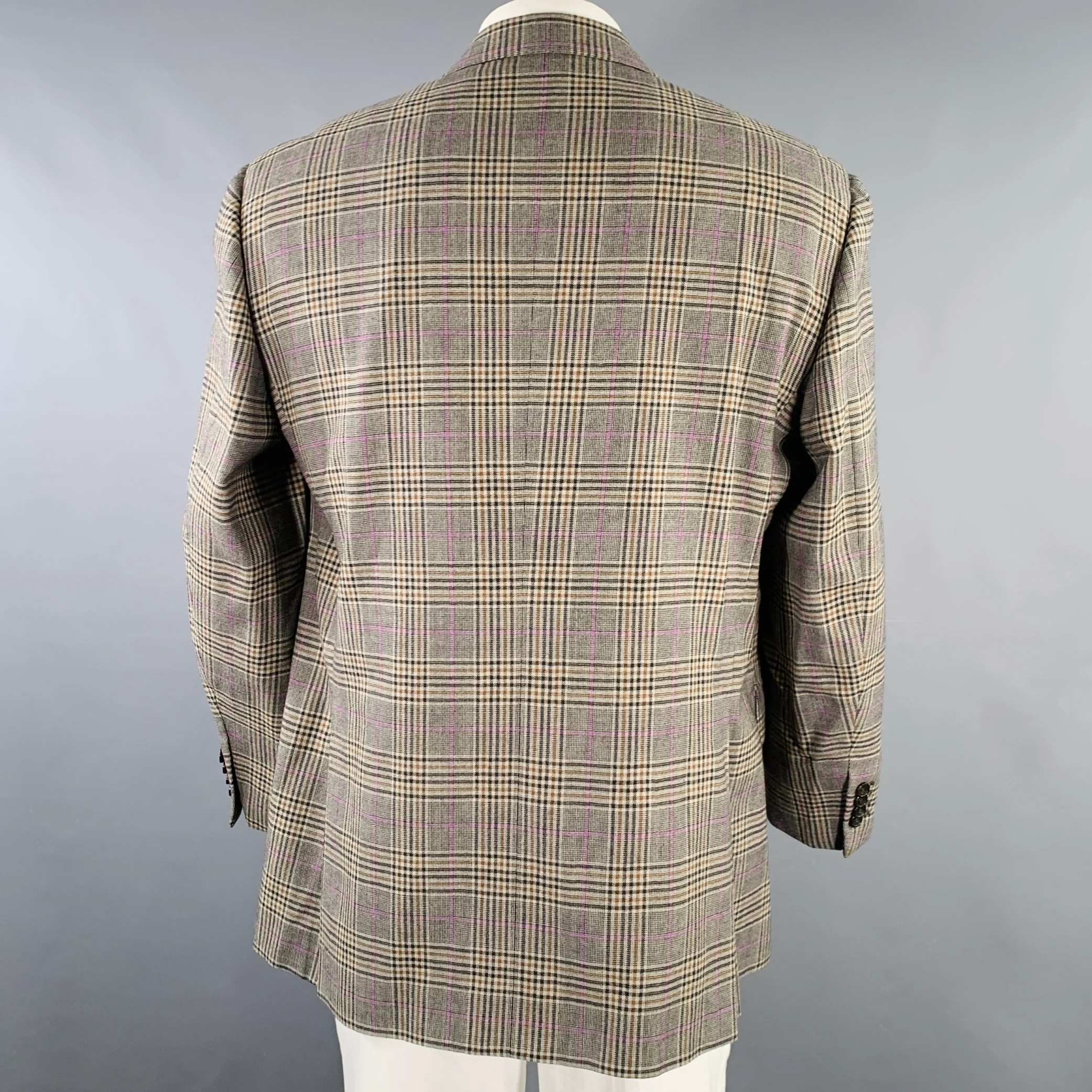 NEIMAN MARCUS Size 46 Regular Grey Brown Purple Plaid Wool Sport Coat - Image 4