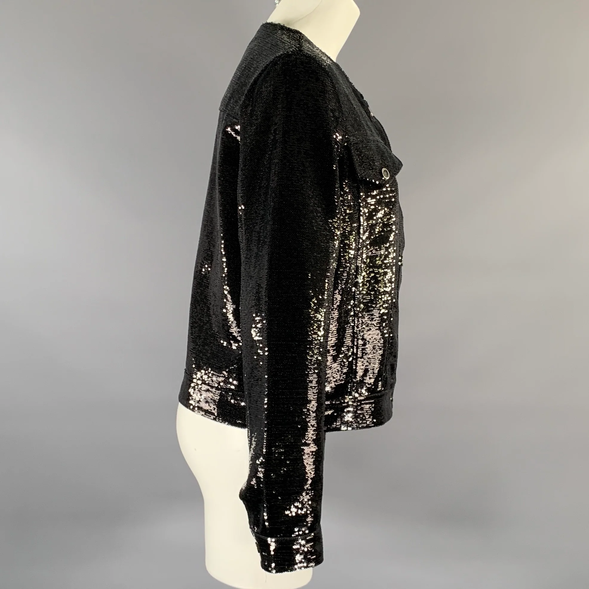 NEIMAN MARCUS Size M Black Polyethylene Blend Sequined Snaps Jacket - Image 3