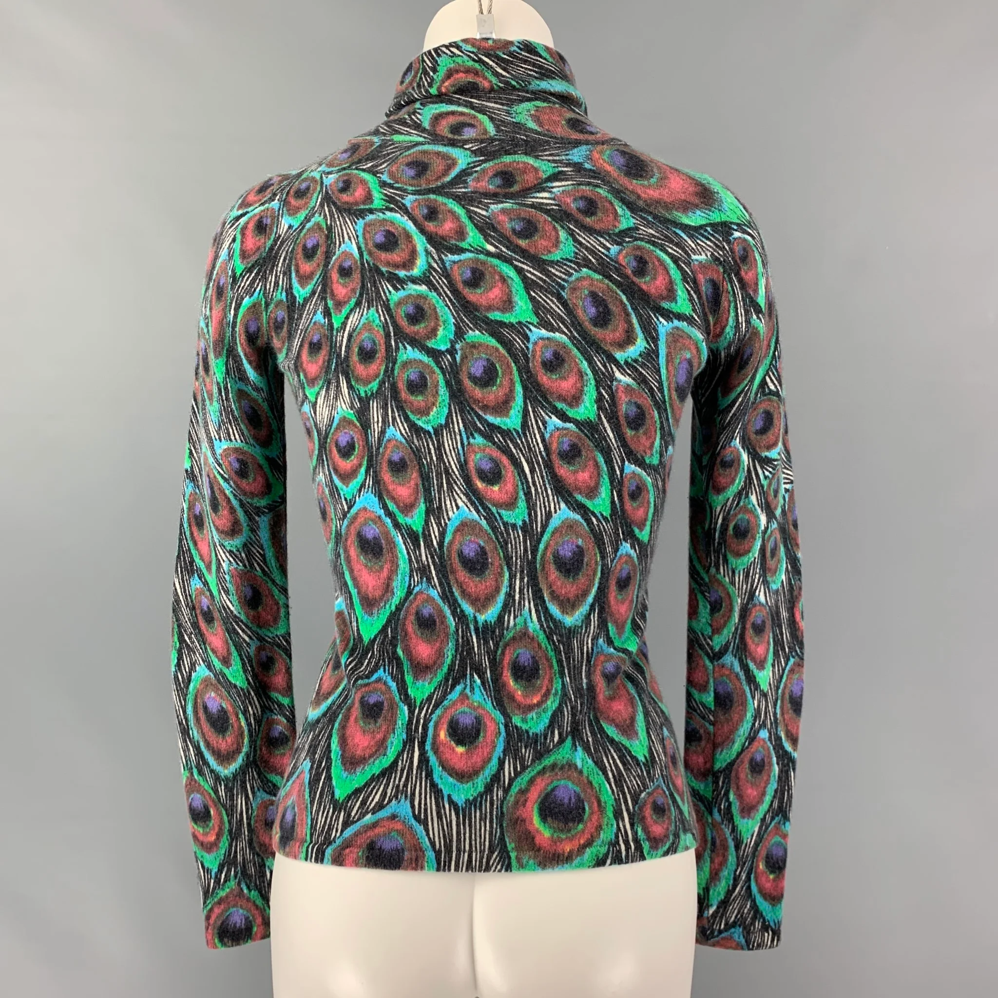 NEIMAN MARCUS Size S Multi-Color Cashmere Peacock Turtleneck Pullover - Womens - Image 3