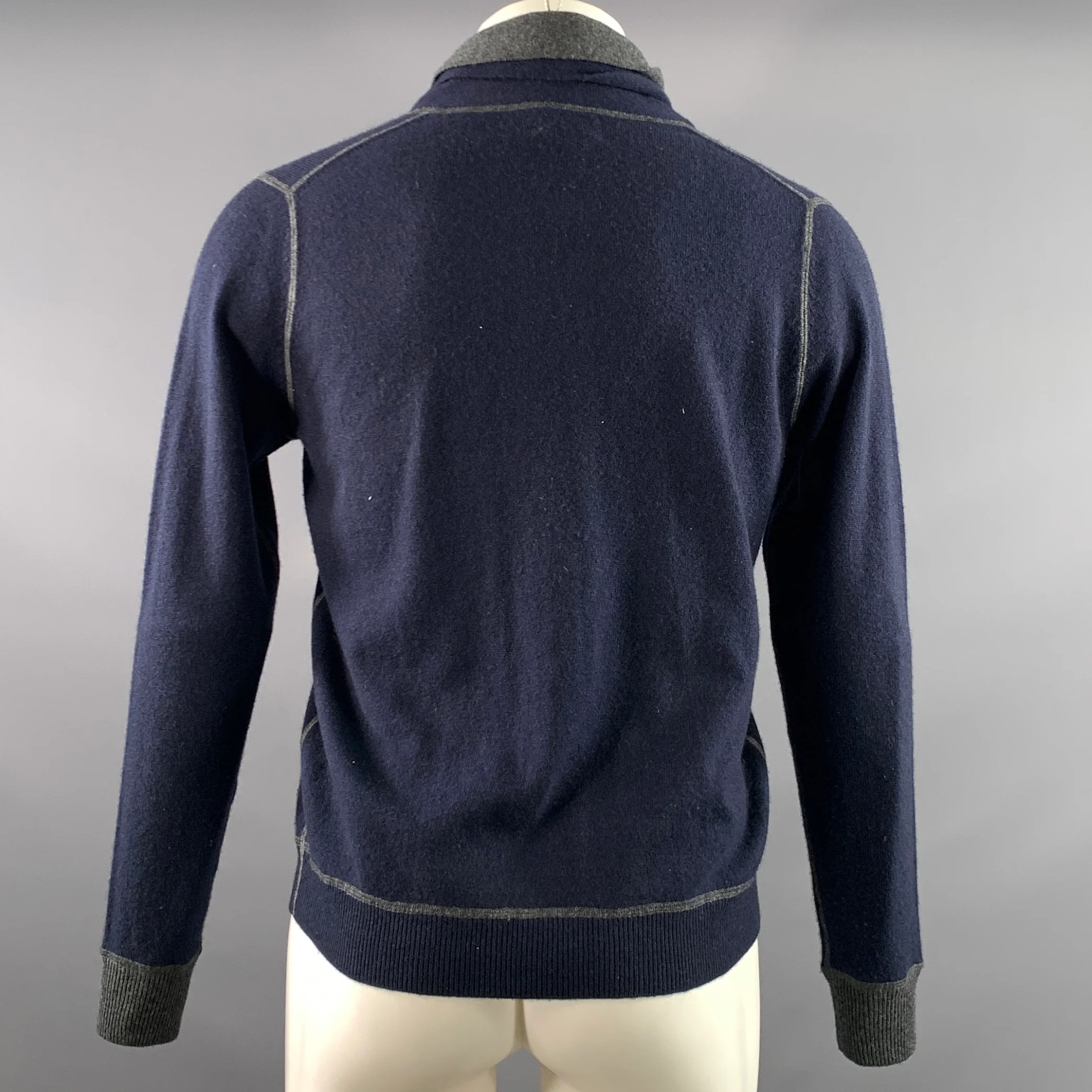NEIMAN MARCUS Size S Navy Grey Contrast Stitch Cashmere Double Collar Pullover - Image 3