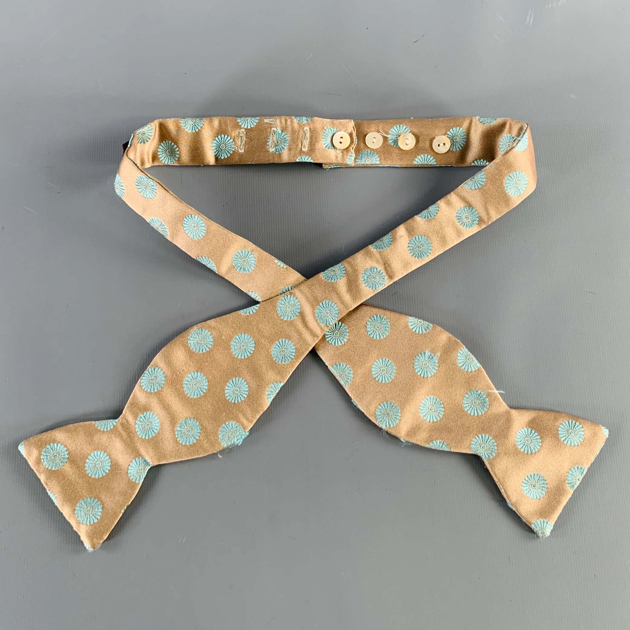 NEIMAN MARCUS Taupe Blue Abstract Floral Silk Satin Bow Tie