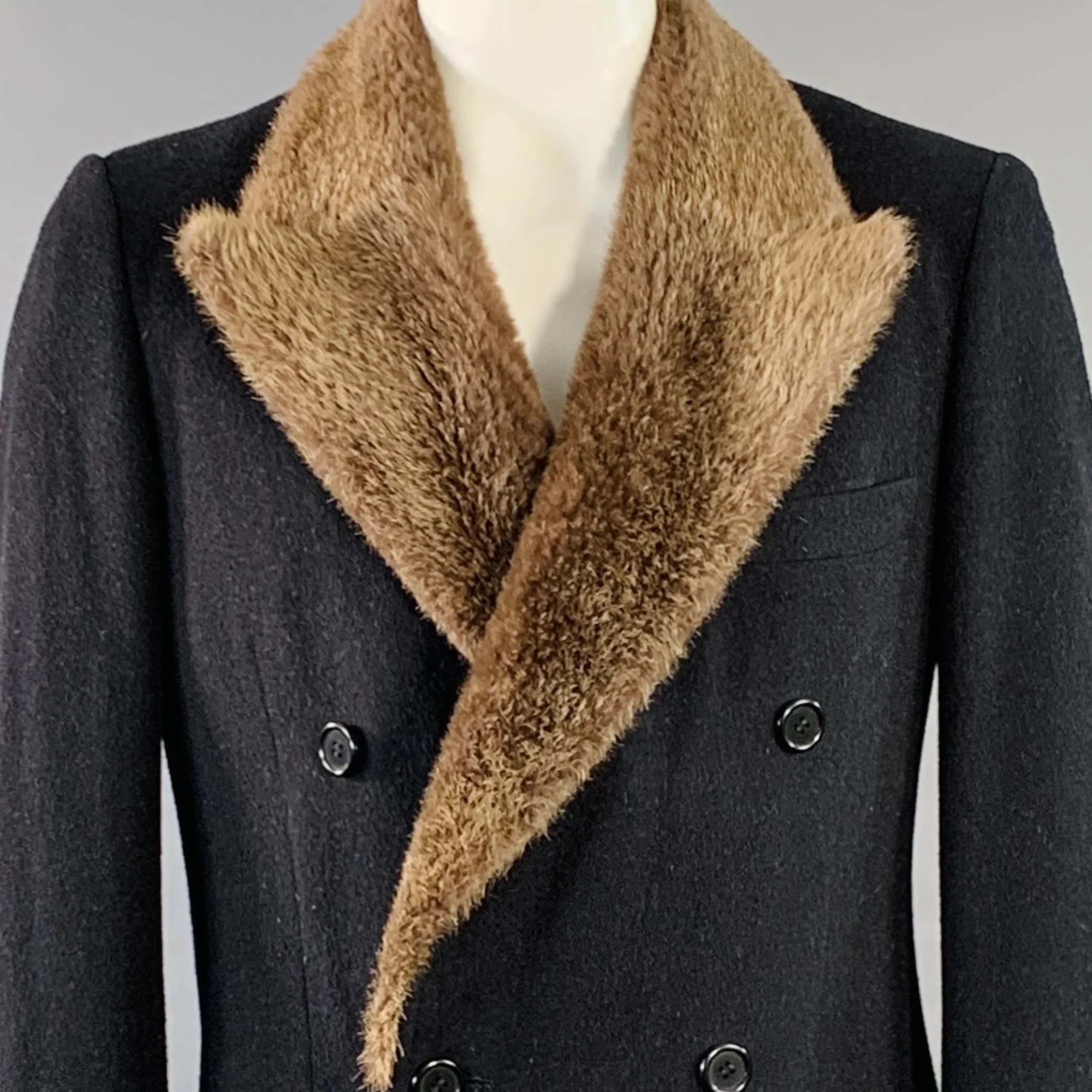 NEIMAN MARCUS Vintage Size L Black Taupe Wool Fur Peak Lapel Double Breasted Coat - Image 2