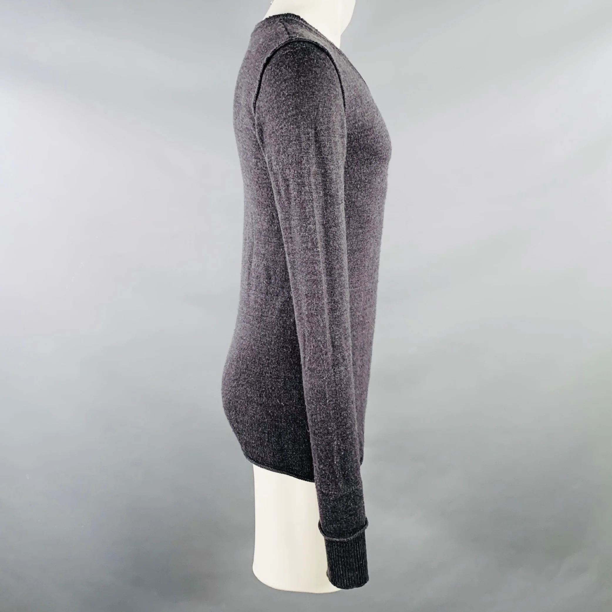 NICE COLLECTIVE Size S Grey Charcoal Knit Merino Wool V-Neck Sweater - Image 3