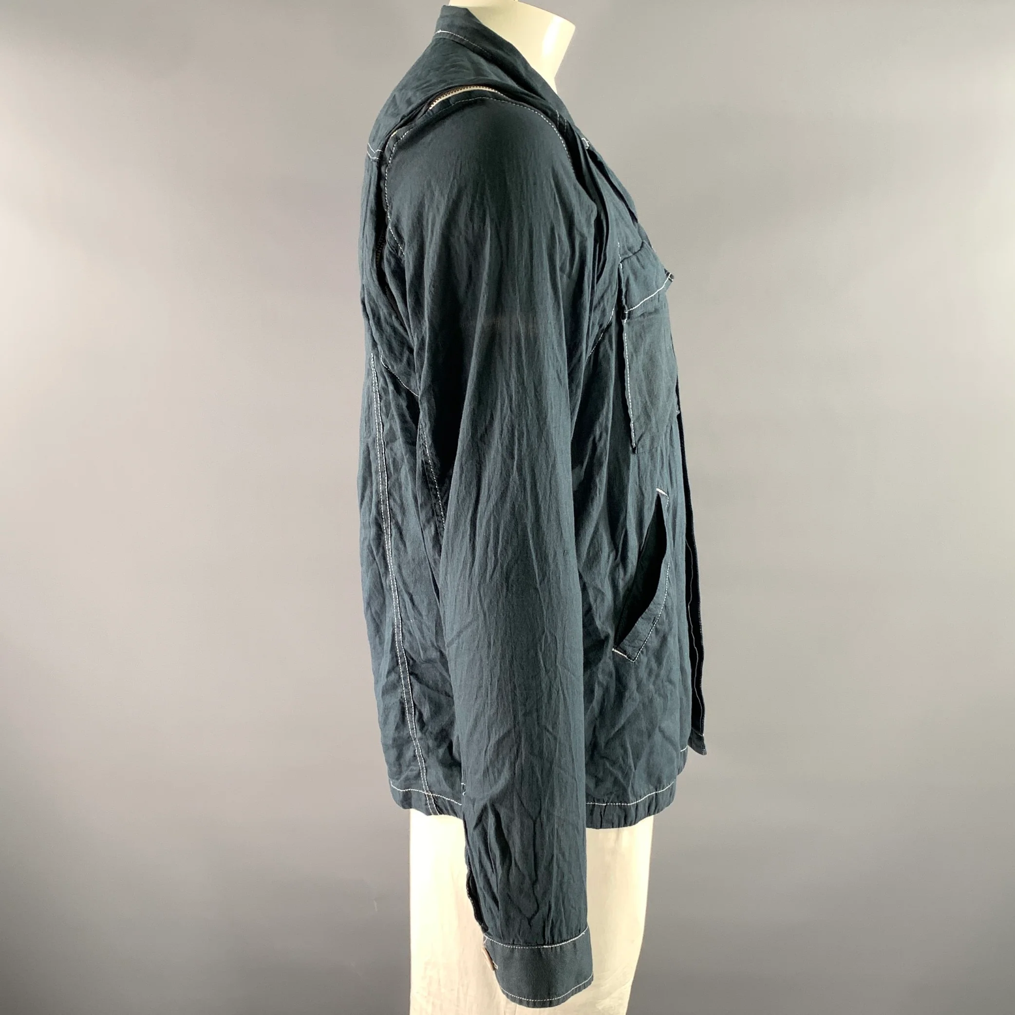 NICE COLLECTIVE Size XL Navy Contrast Stitch Cotton Zipper Sleeve Shirt - Image 3