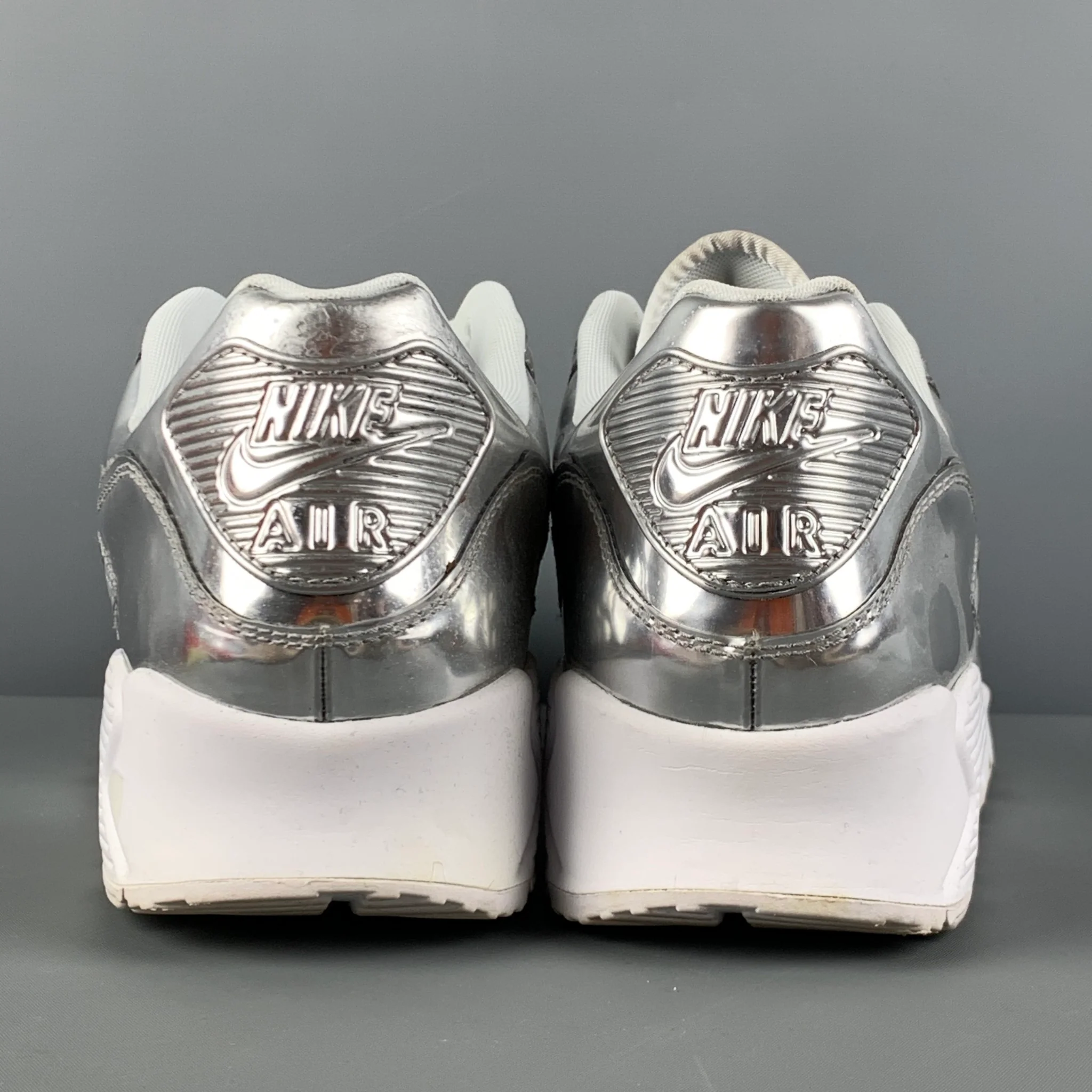 NIKE Air Max 90 Size 12 Silver Metallic Leather Lace Up Sneakers - Image 5