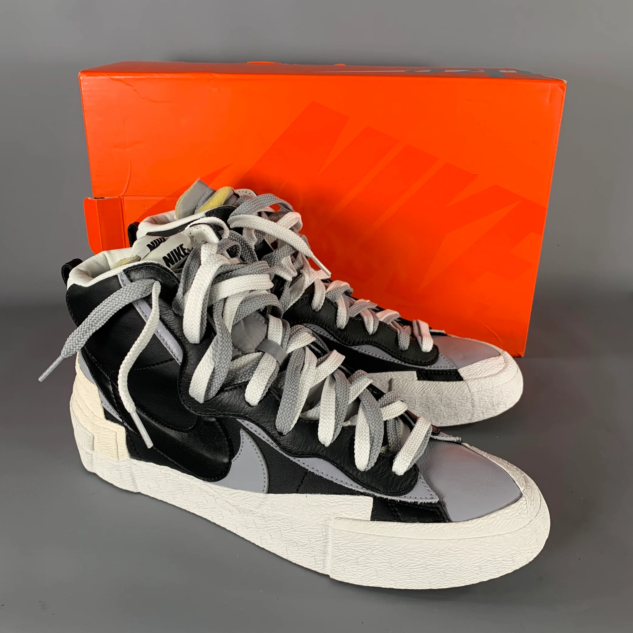NIKE Size 12 White Black & Grey Layered Leather High Top Sneakers - Image 7