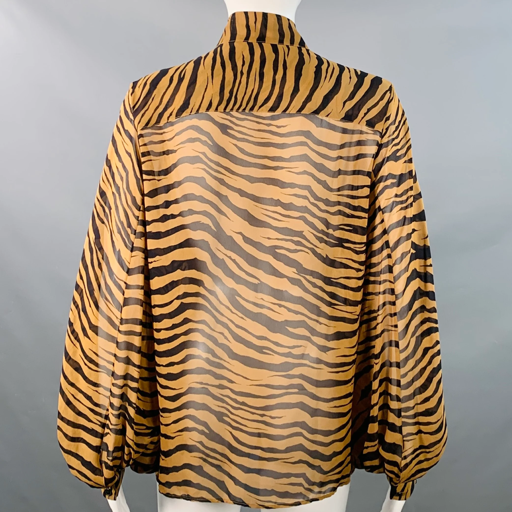NILI LOTAN Size S Black Brown Silk Animal Print Bishop Sleeve Bow Blouse - Image 4