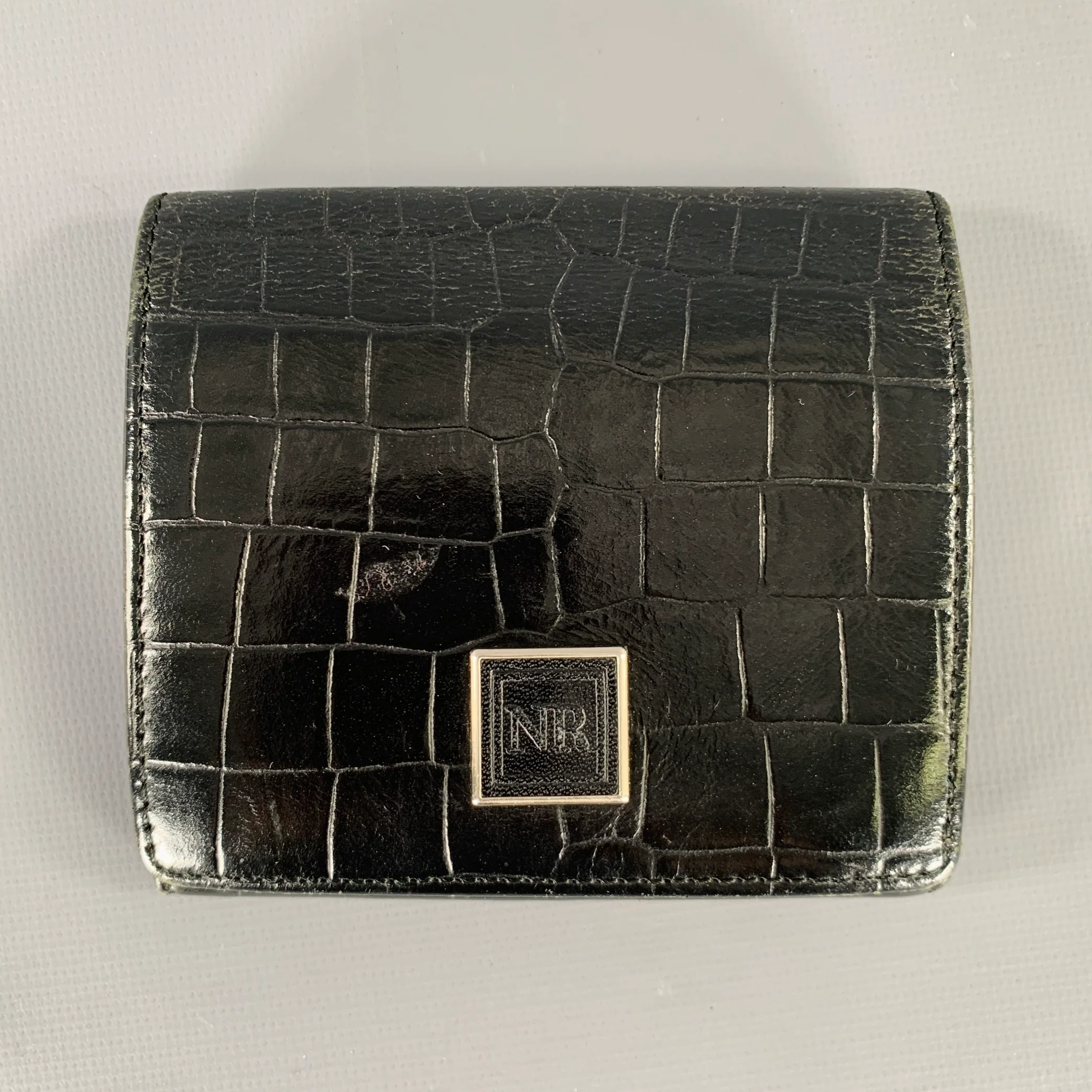 NINA RICCI Black Croc Embossed Leather Bifold Wallet